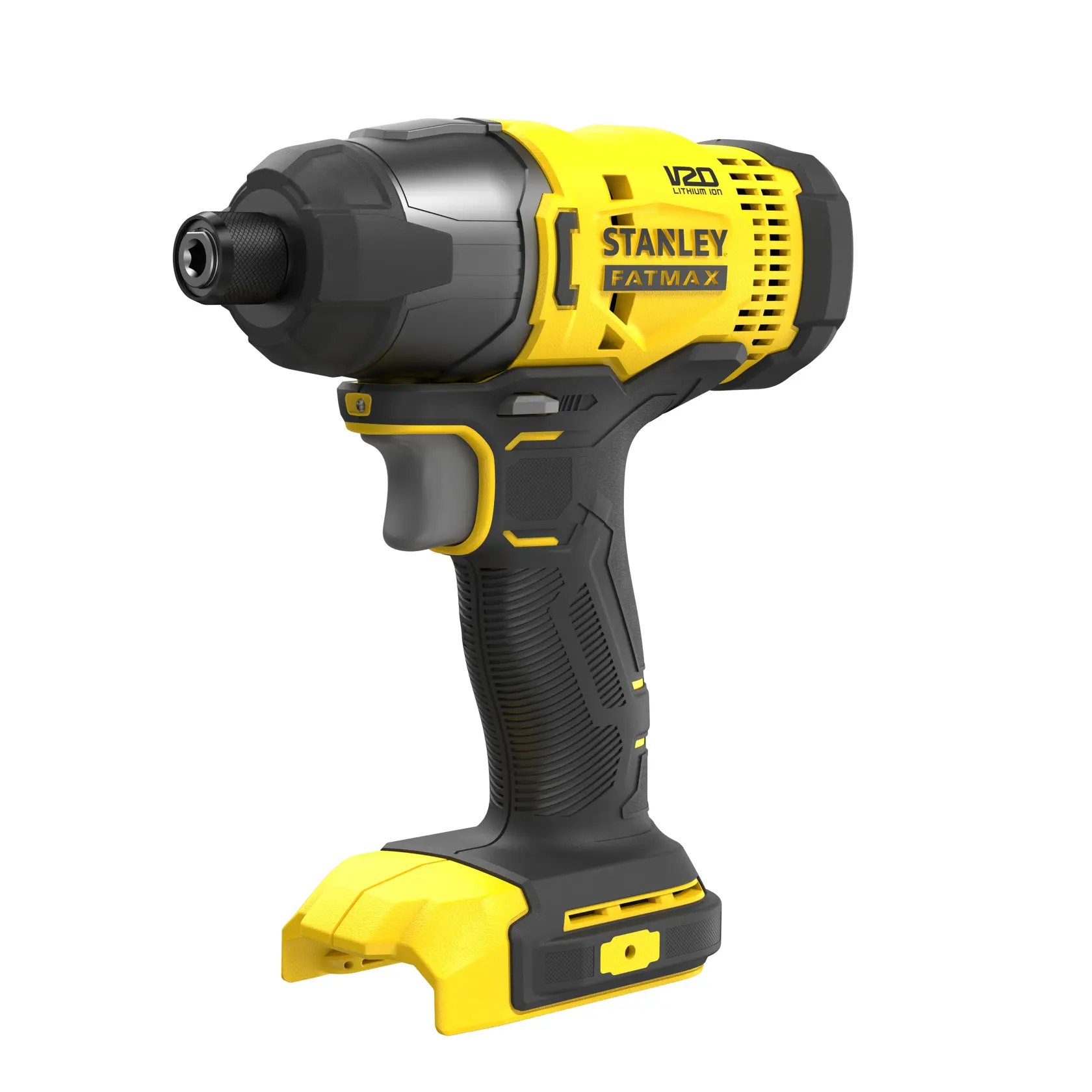 STANLEY SFMCK470D2 cordless drill driver, yellow and black, side view on white background.