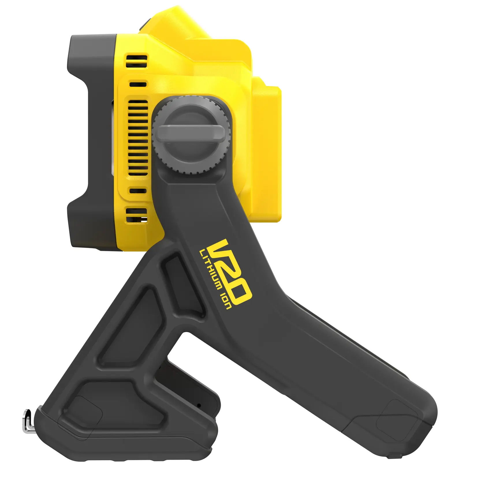 STANLEY SFMCL030B cordless V20 lithium-ion work light, side view, yellow and black body, photography.