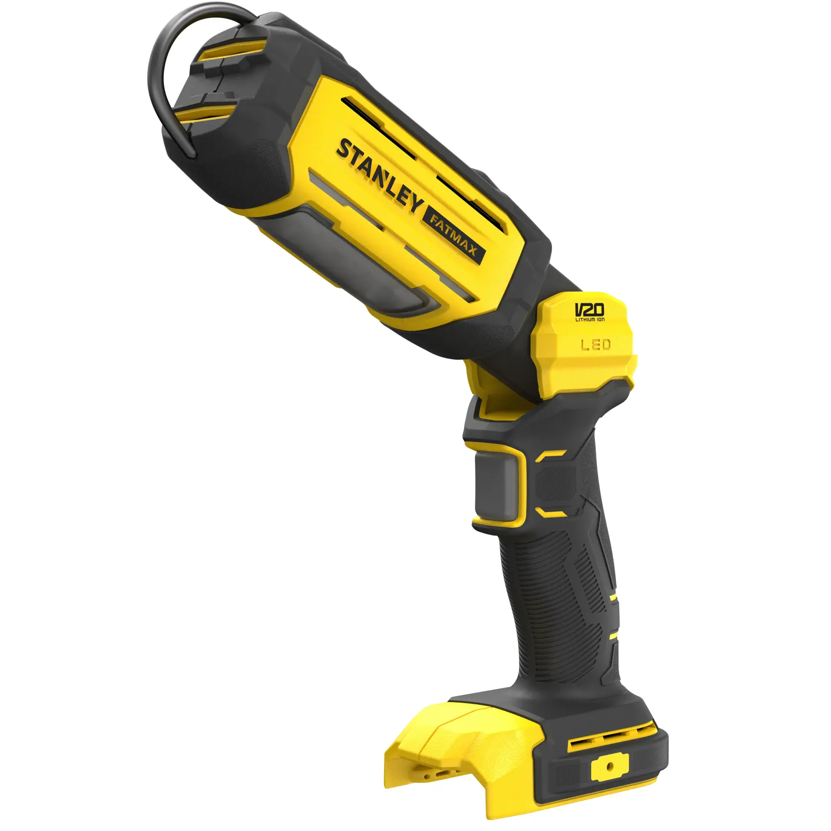 Photo of STANLEY SFMCL050B cordless LED work light in yellow and black, side angle on white background.