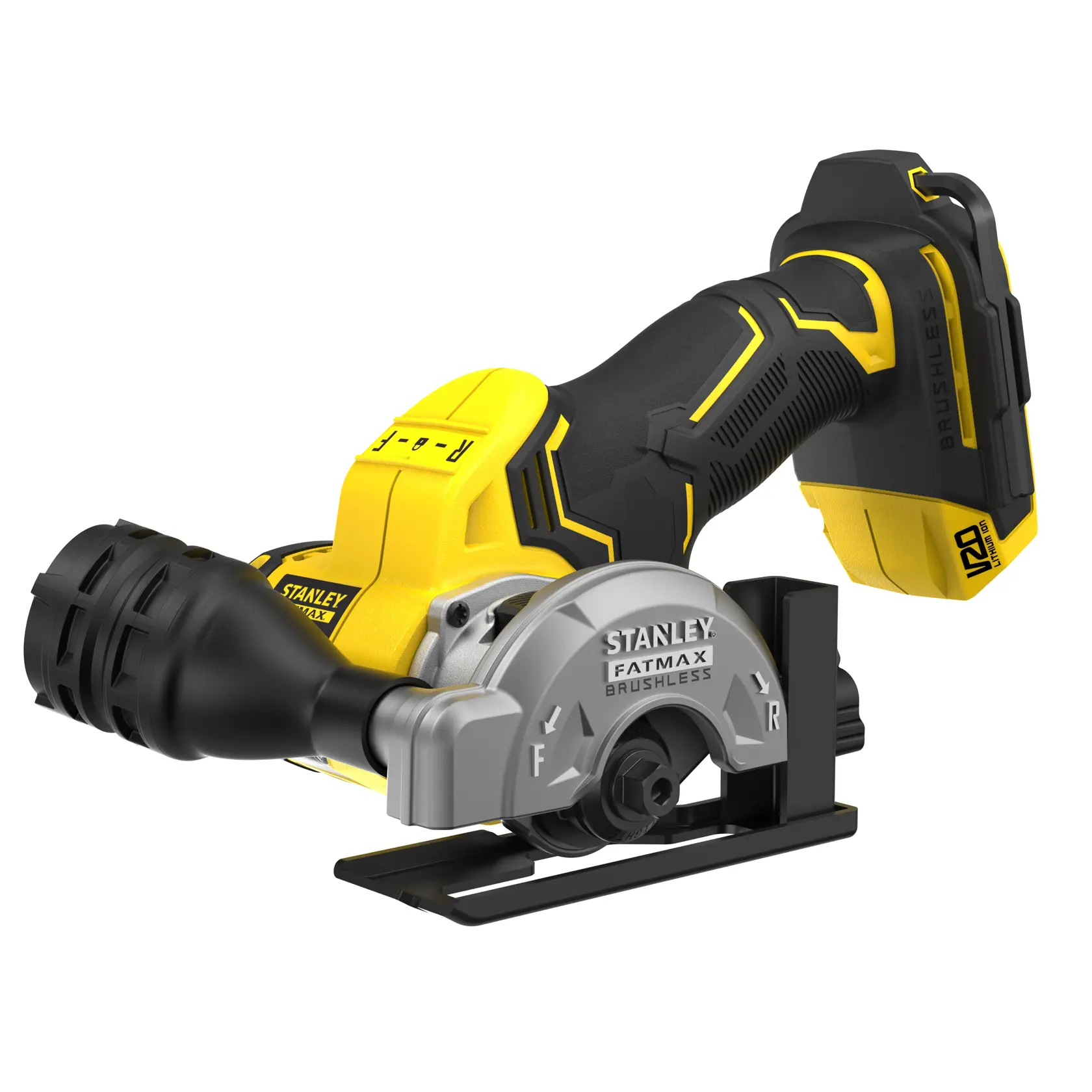 STANLEY SFMCM300B cordless compact circular saw, yellow and black, brushless, product photo on white background.