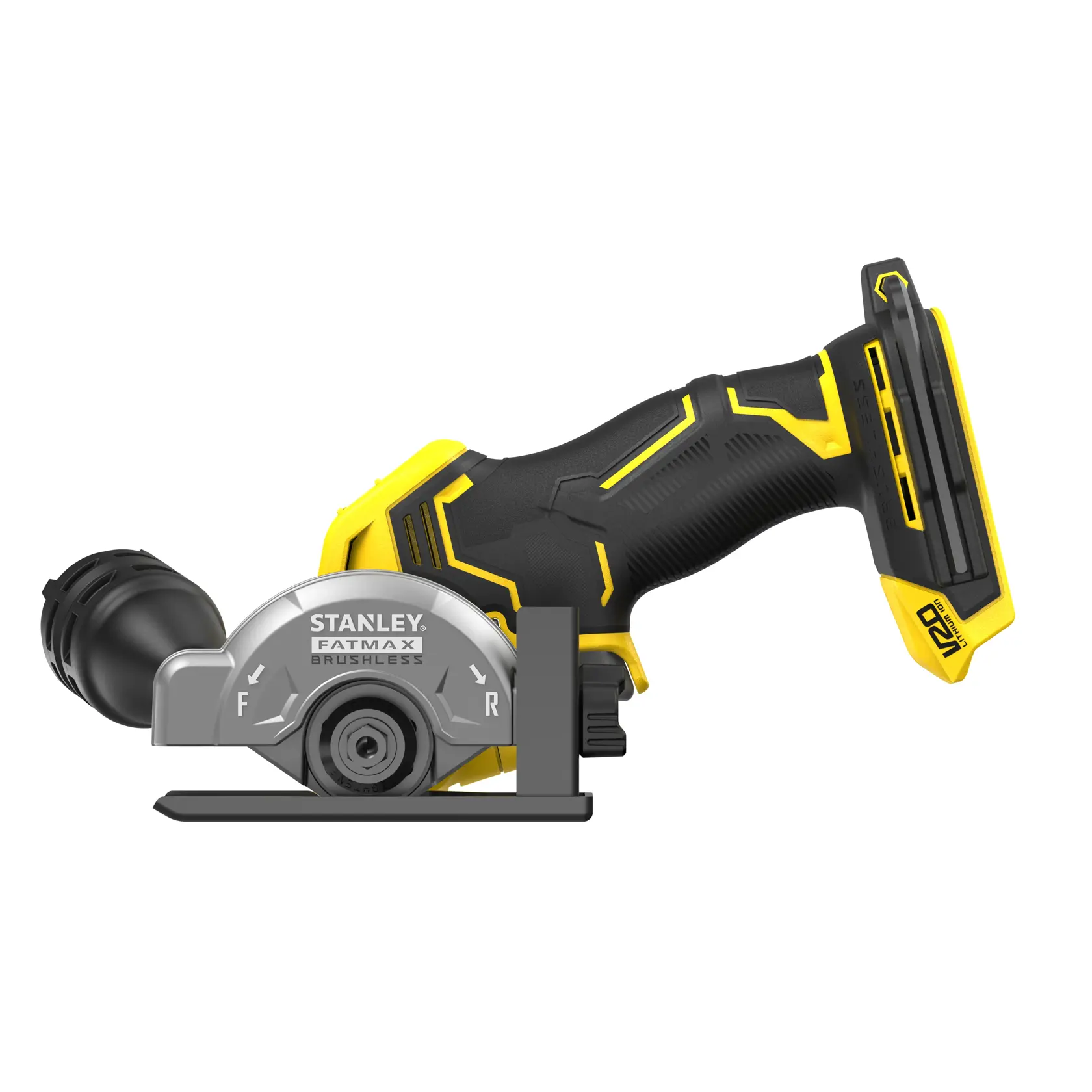 Stanley SFMCM300B brushless cordless mini cutter displayed side view on white background.