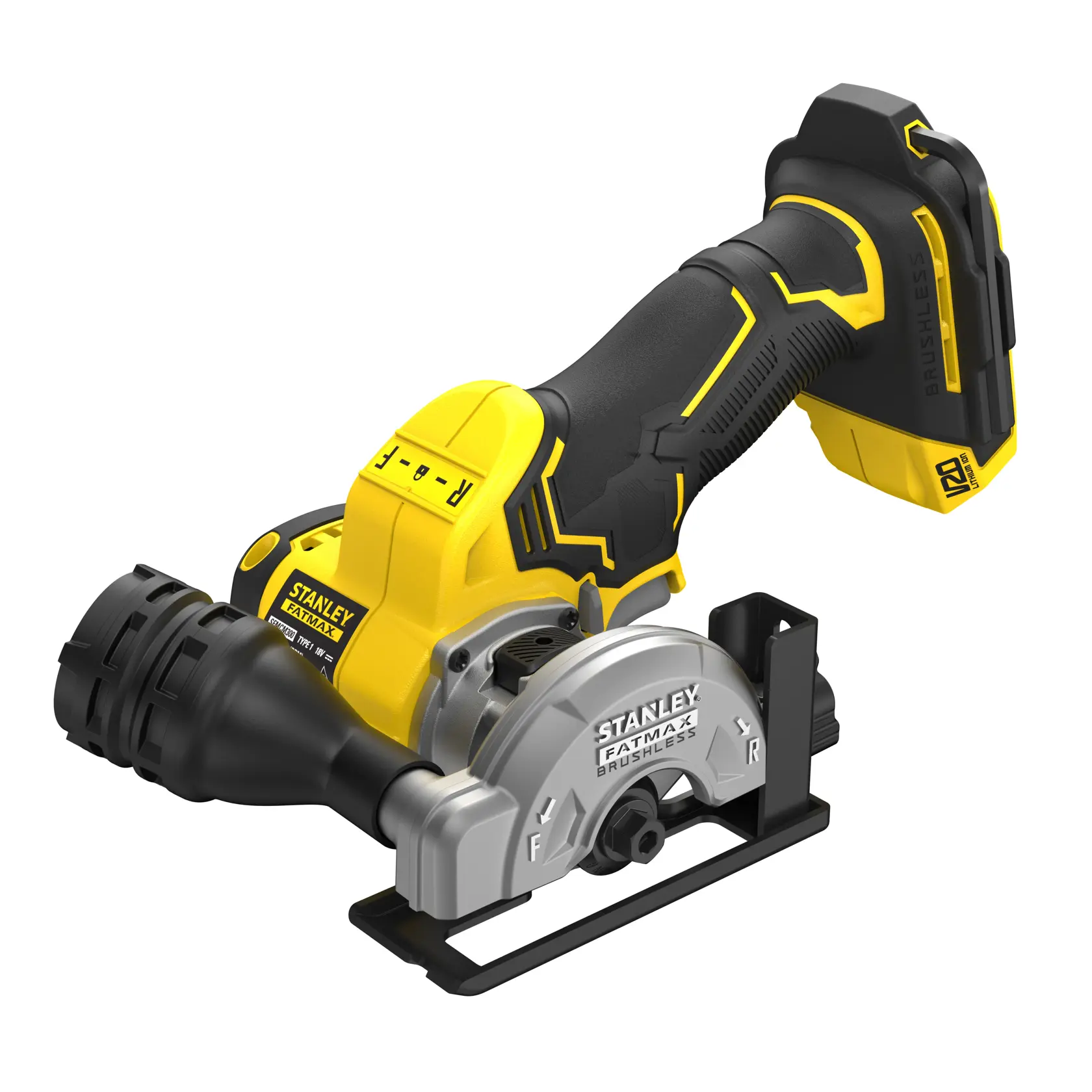 STANLEY SFMCM300B photography of cordless brushless concrete saw, side angle on white background.