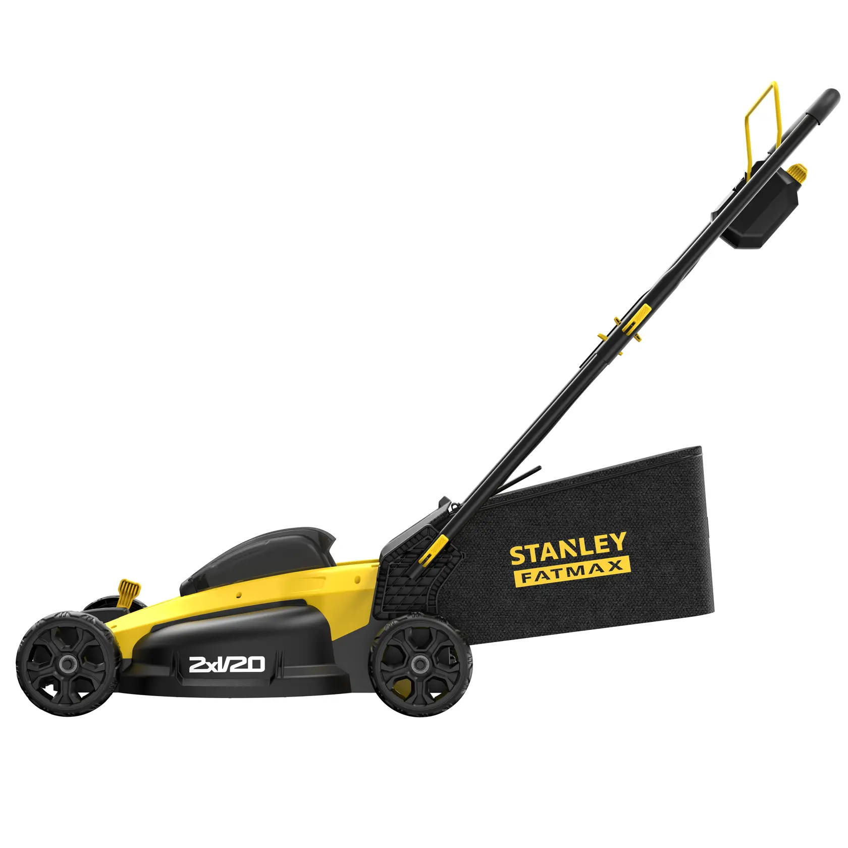 Side view of a STANLEY FATMAX cordless lawn mower in yellow and black with collection bag attached.