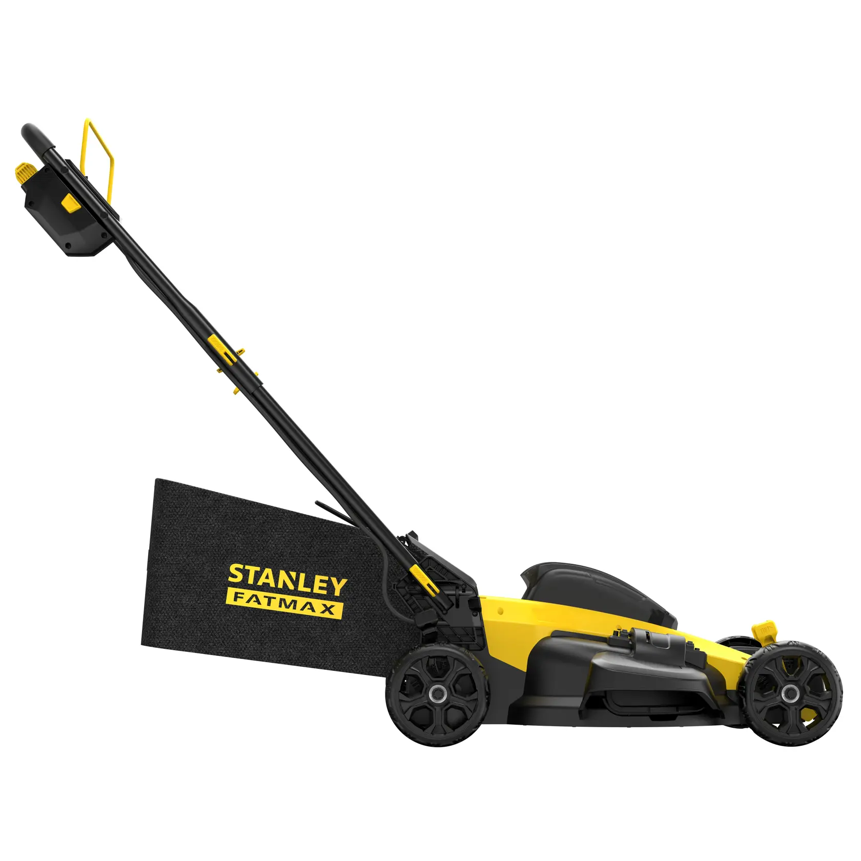 Stanley Fatmax cordless lawn mower with large rear grass bag and ergonomic handle, side view.