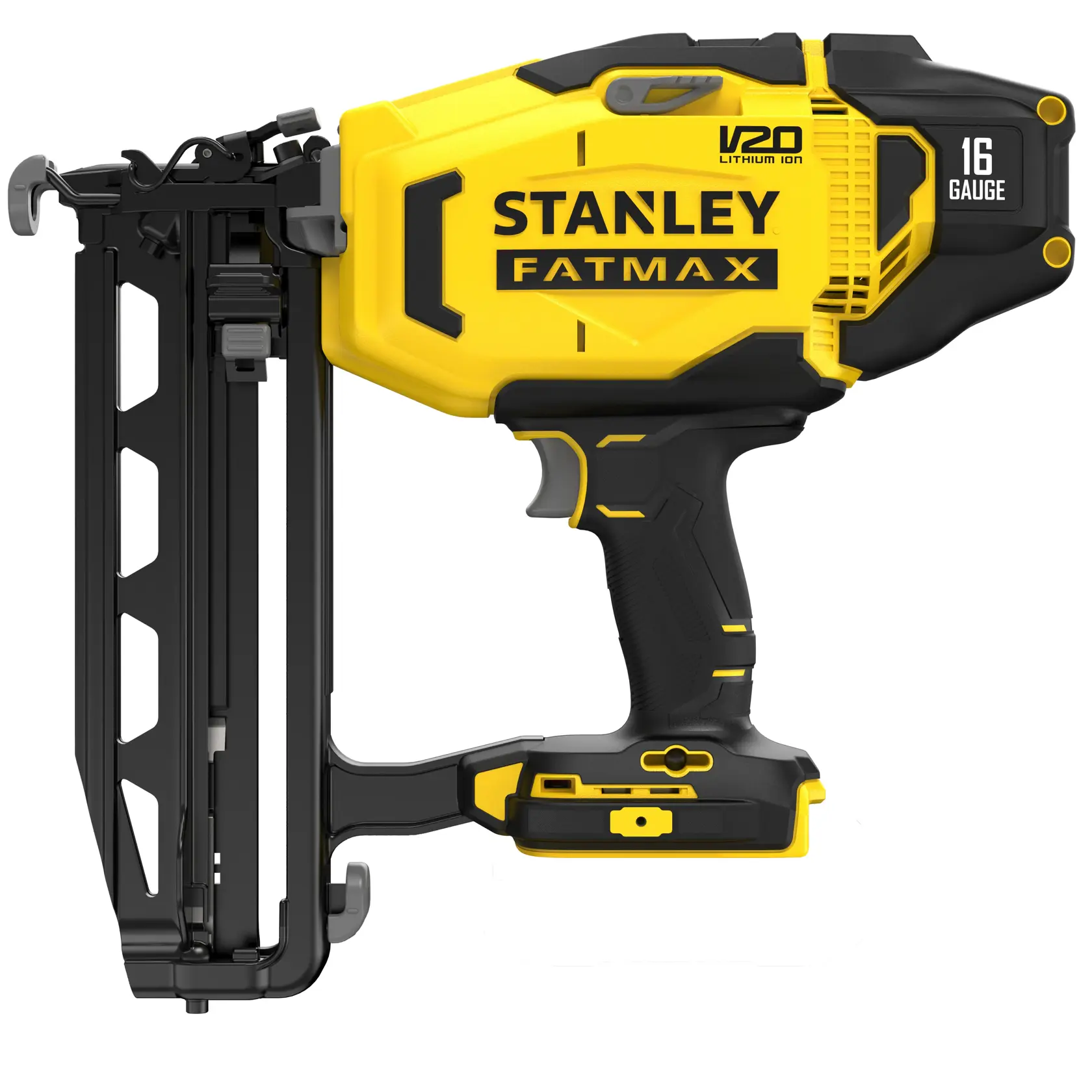 Photo of STANLEY SFMCN616B cordless 16 gauge finish nailer, yellow and black, side angle view on white background.