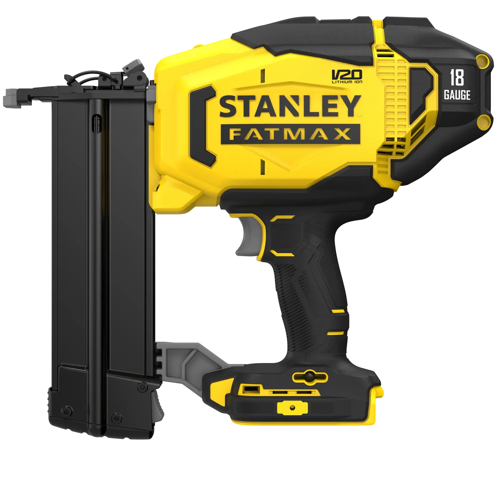STANLEY SFMCN618B-XJ 18 gauge yellow and black cordless nailer, side angle, FATMAX series.