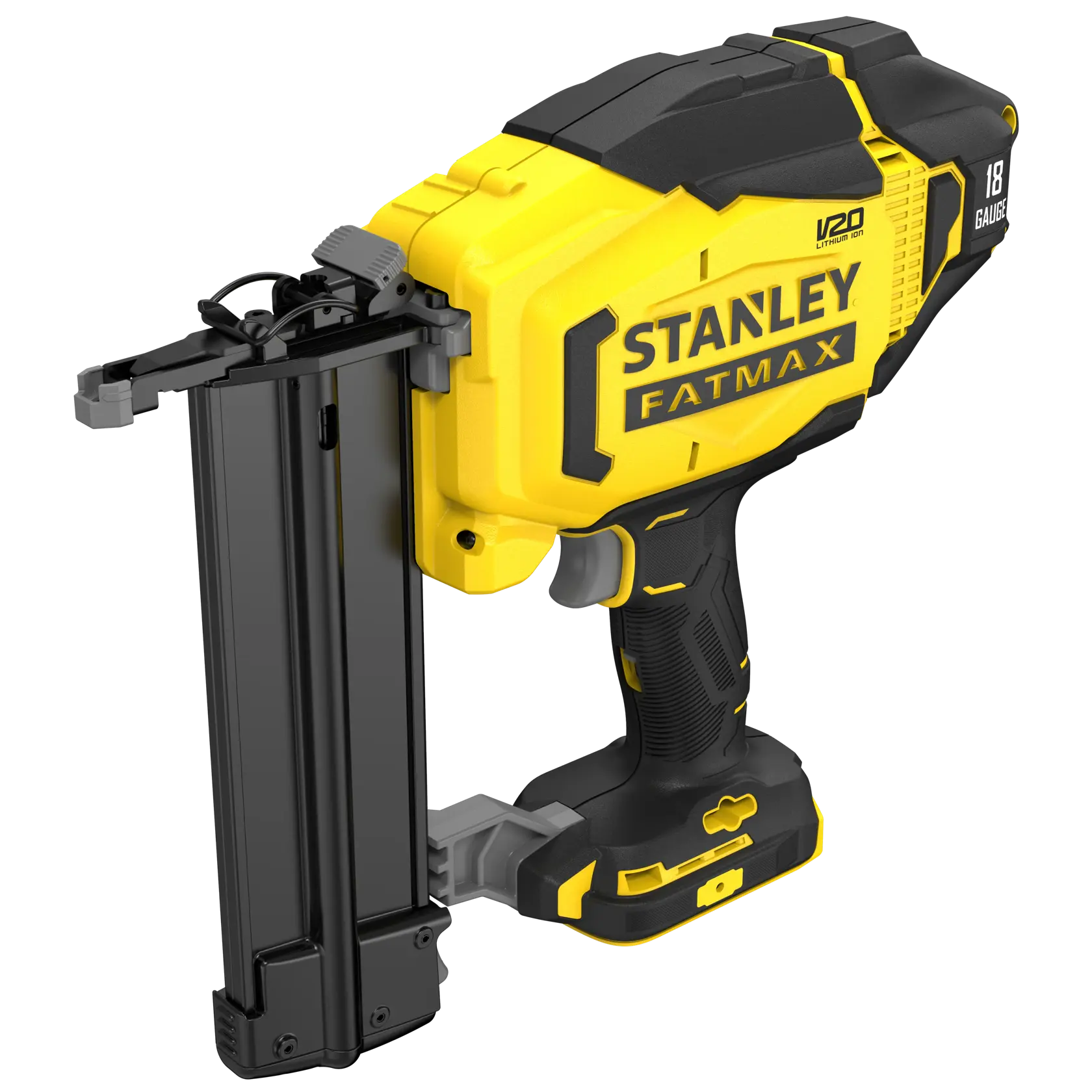 Photo of STANLEY FATMAX SFMCN618B-XJ 18-gauge nailer, yellow and black, angled on white background.