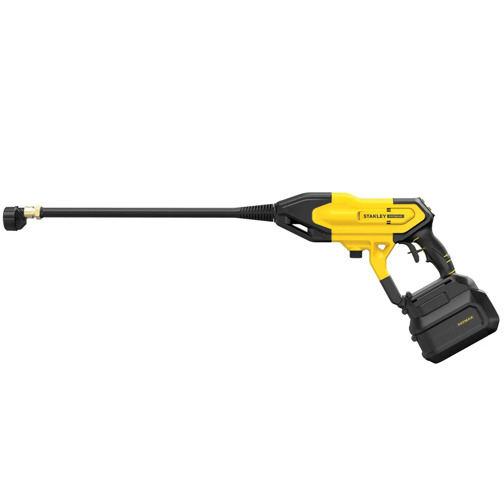STANLEY cordless pressure washer with yellow and black design, long nozzle and battery pack for portable cleaning.
