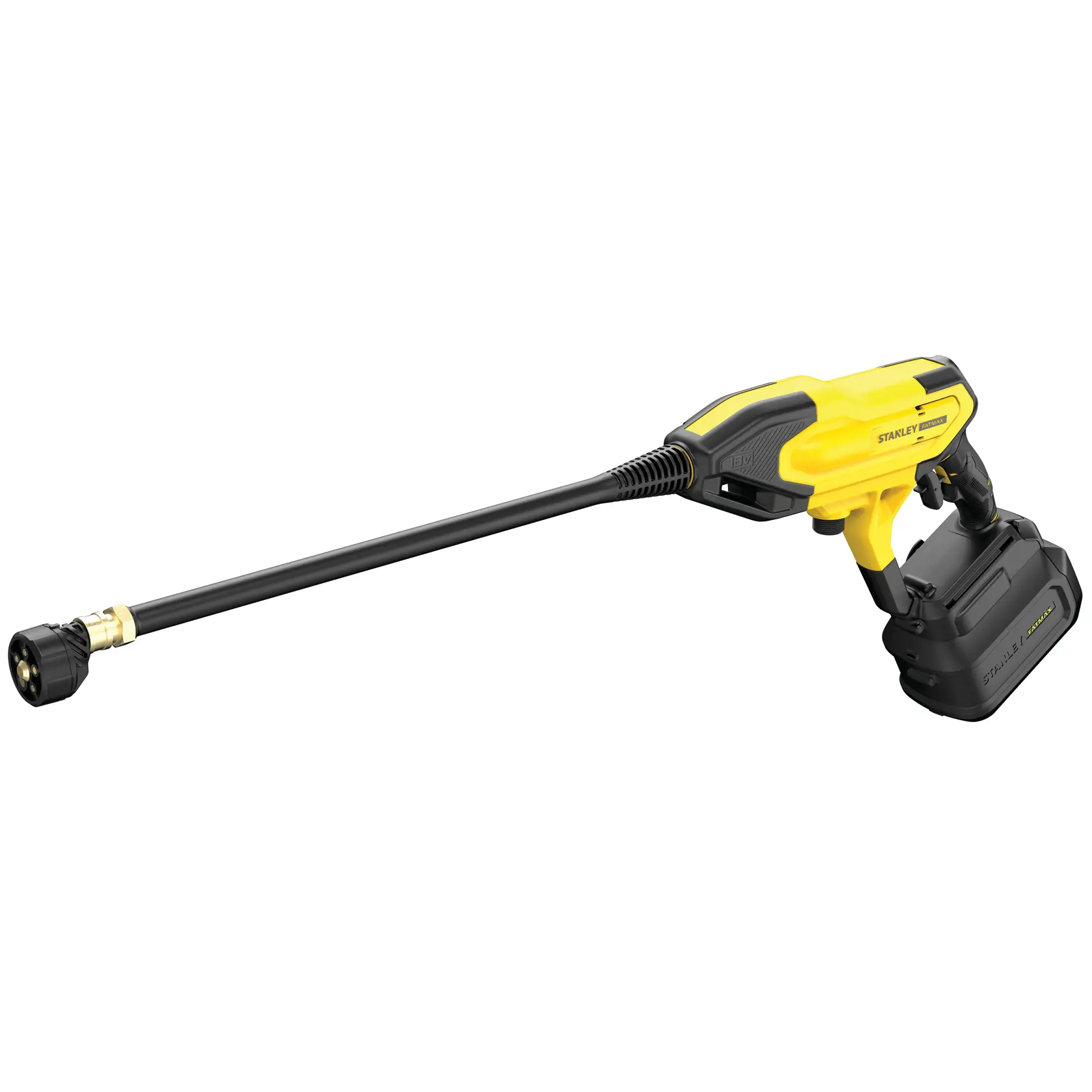 Yellow and black STANLEY cordless pressure washer with long nozzle attachment.