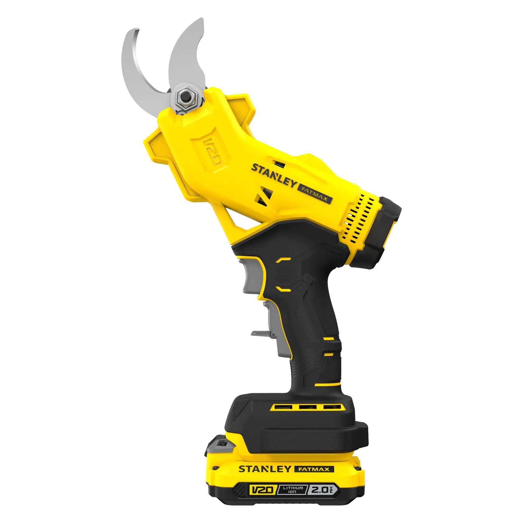 STANLEY SFMCPP32D1 cordless electric pruner, side angle, yellow and black handle, silver cutting blade.