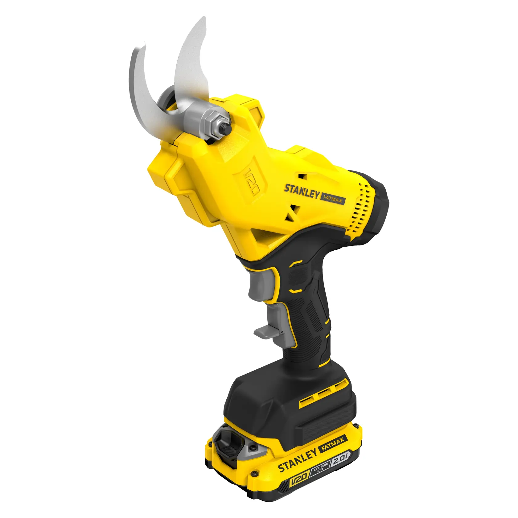 STANLEY SFMCPP32D1 cordless electric pruner, yellow and black, side angle, with battery attached.