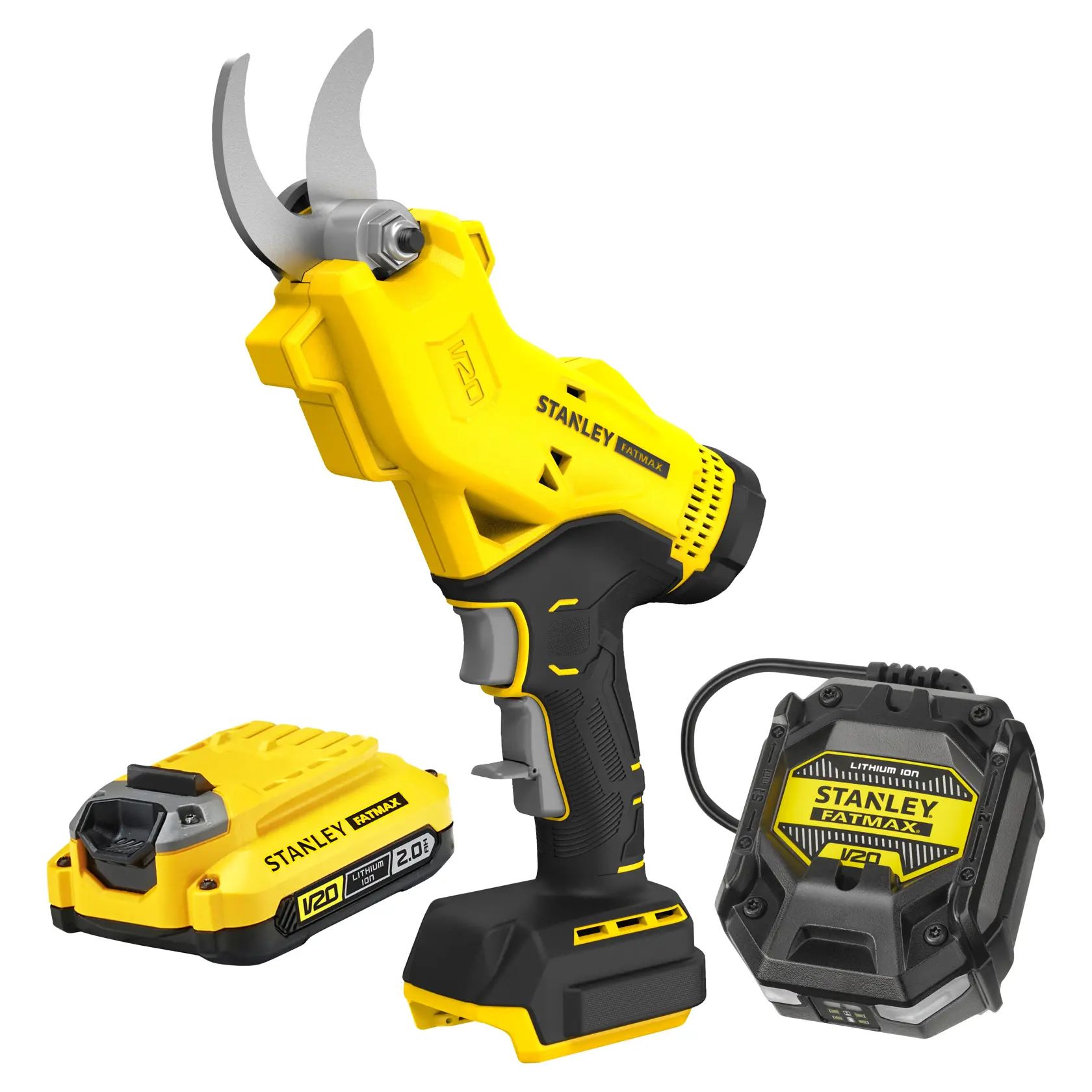 STANLEY SFMCPP32D1 cordless pruning shear, yellow and black, front angle, on white background.