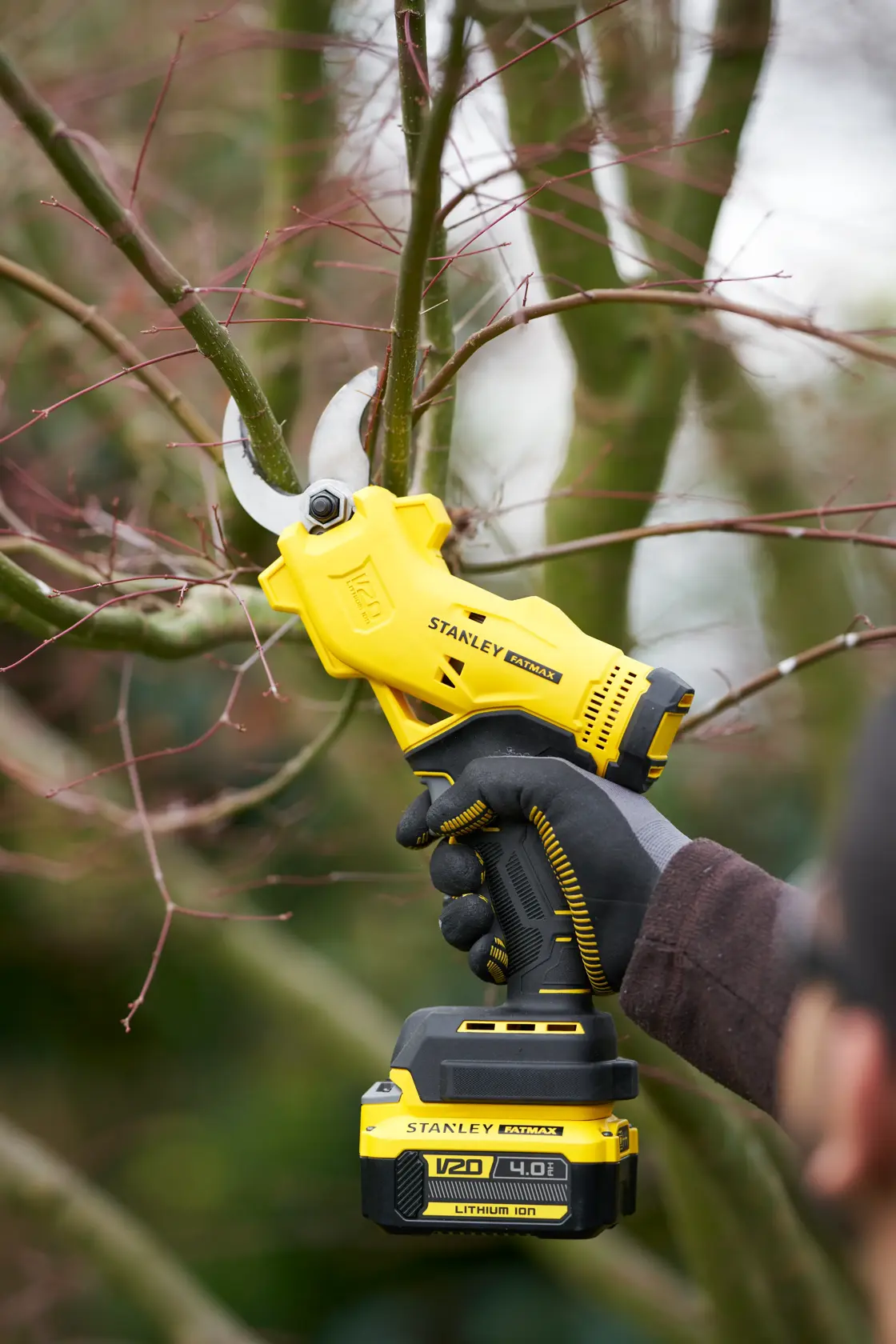 Stanley SFMCPP32M1 cordless pruner cutting tree branches, yellow and black design, close-up outdoors.