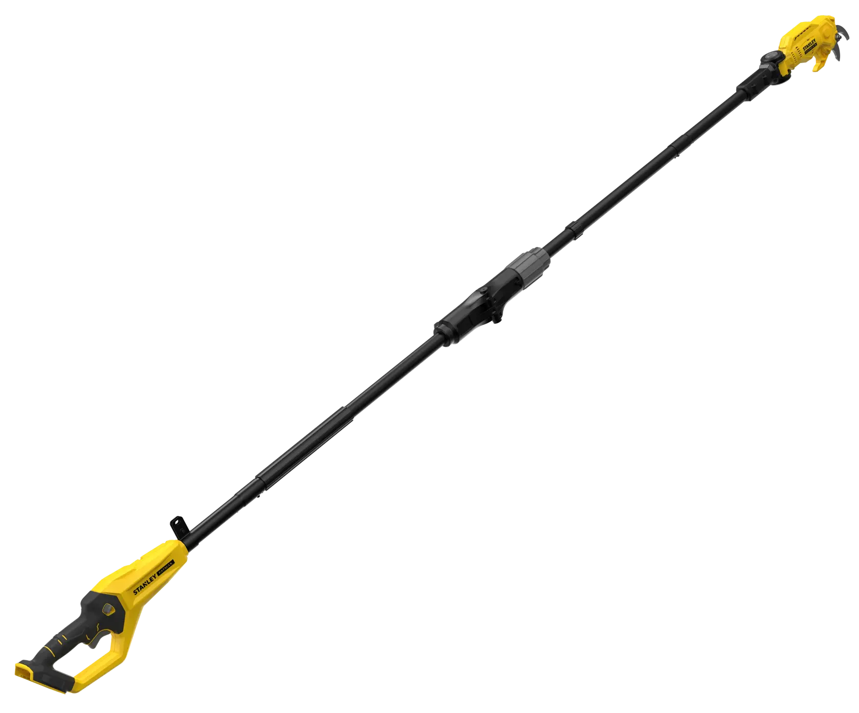 STANLEY SFMCPP632B cordless pole pruner, yellow and black, side angle on white background.