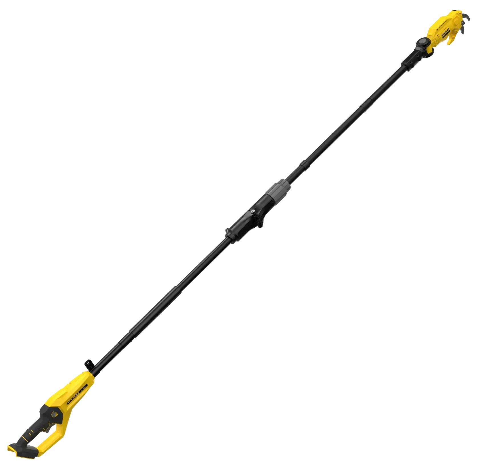 STANLEY SFMCPP632B yellow and black cordless pole saw, side angle on white background.