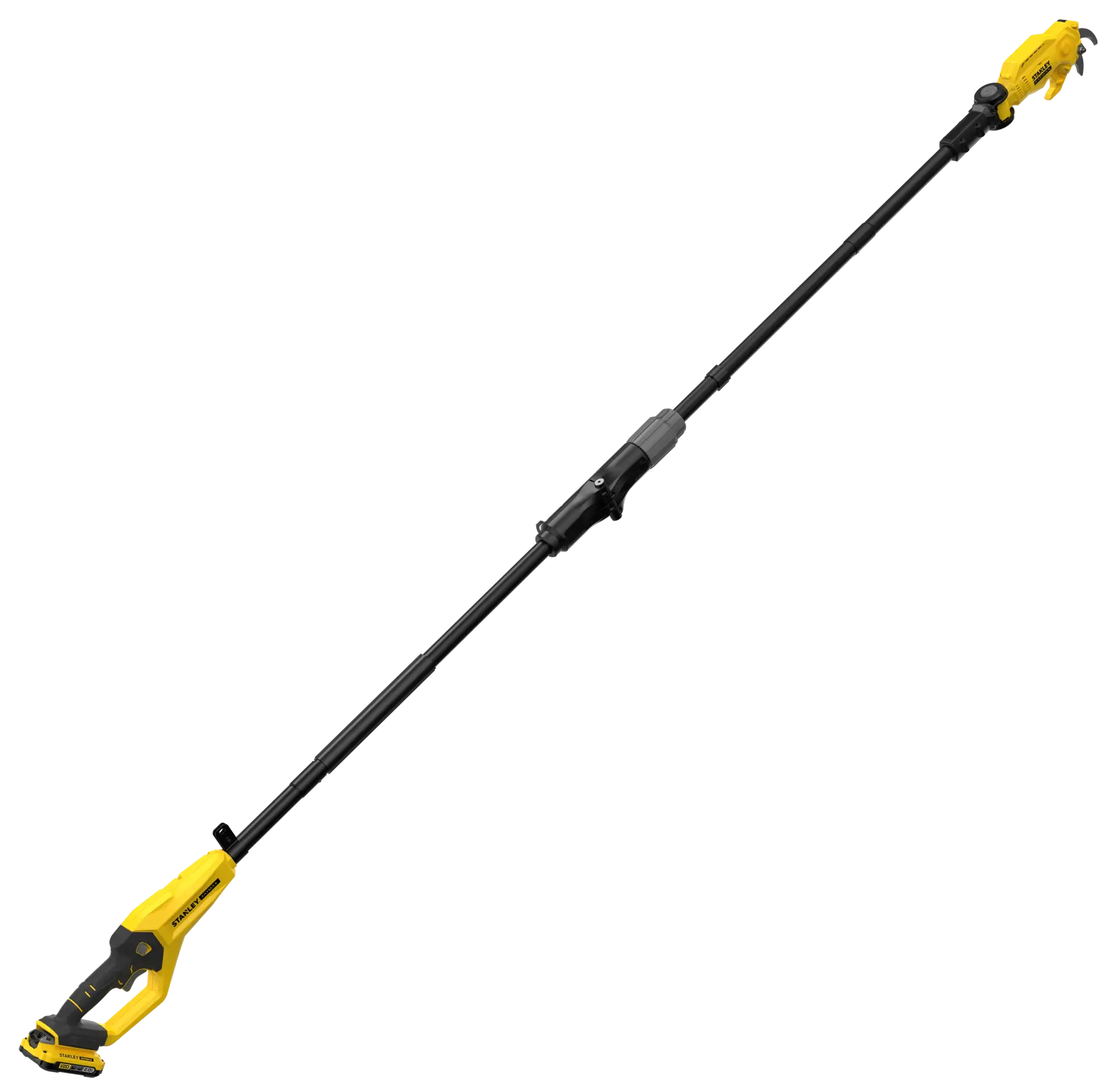 STANLEY SFMCPP632D1 yellow and black cordless pole saw, side angle on white background.