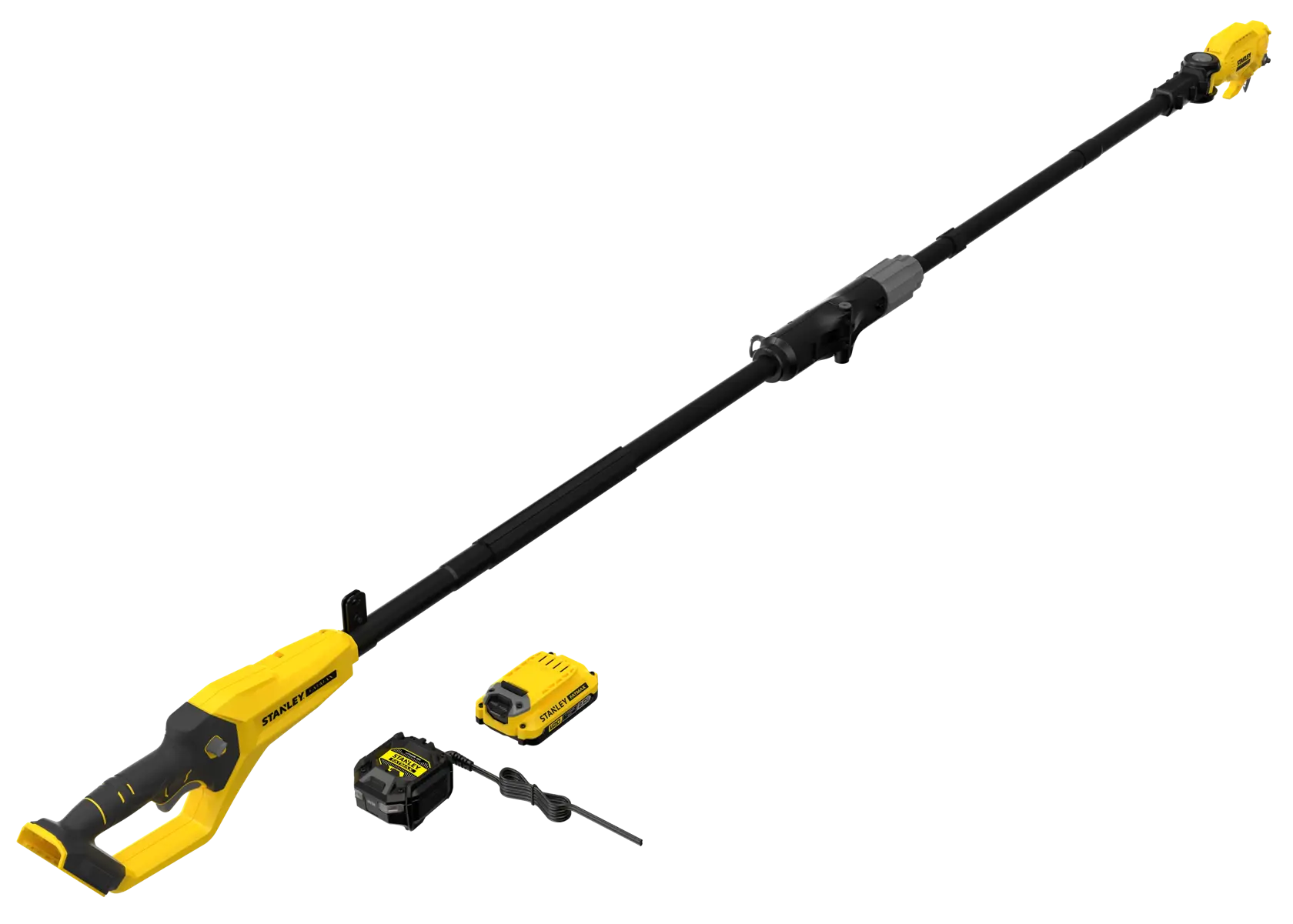 STANLEY SFMCPP632D1 cordless pole pruning saw set, yellow and black, product side angle on white background.