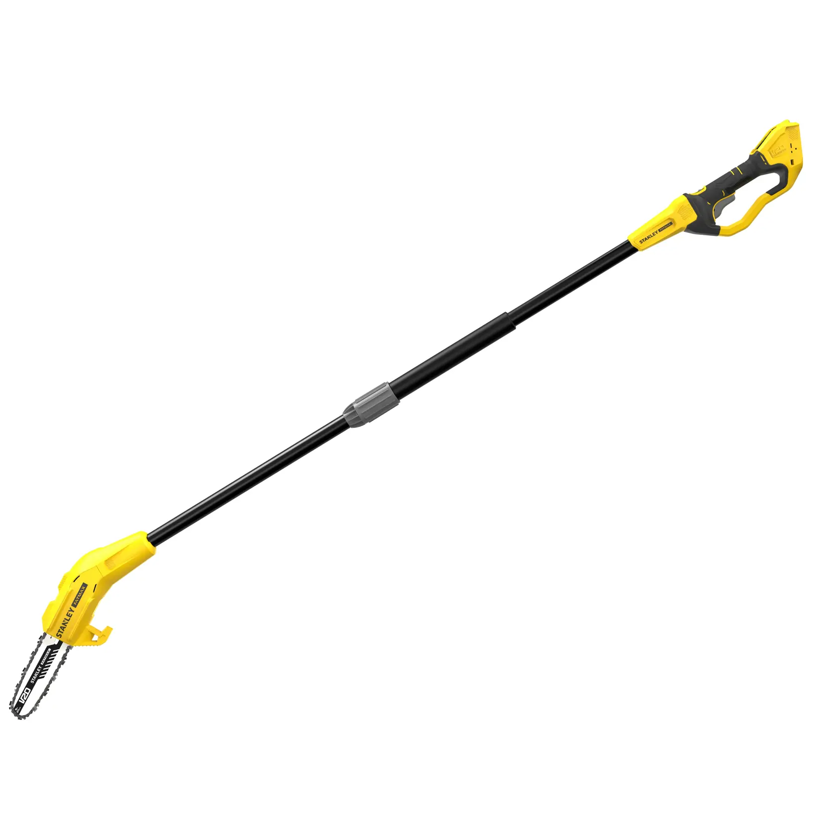 STANLEY SFMCPS620B cordless pole saw with yellow and black handle, side angle, on white background.