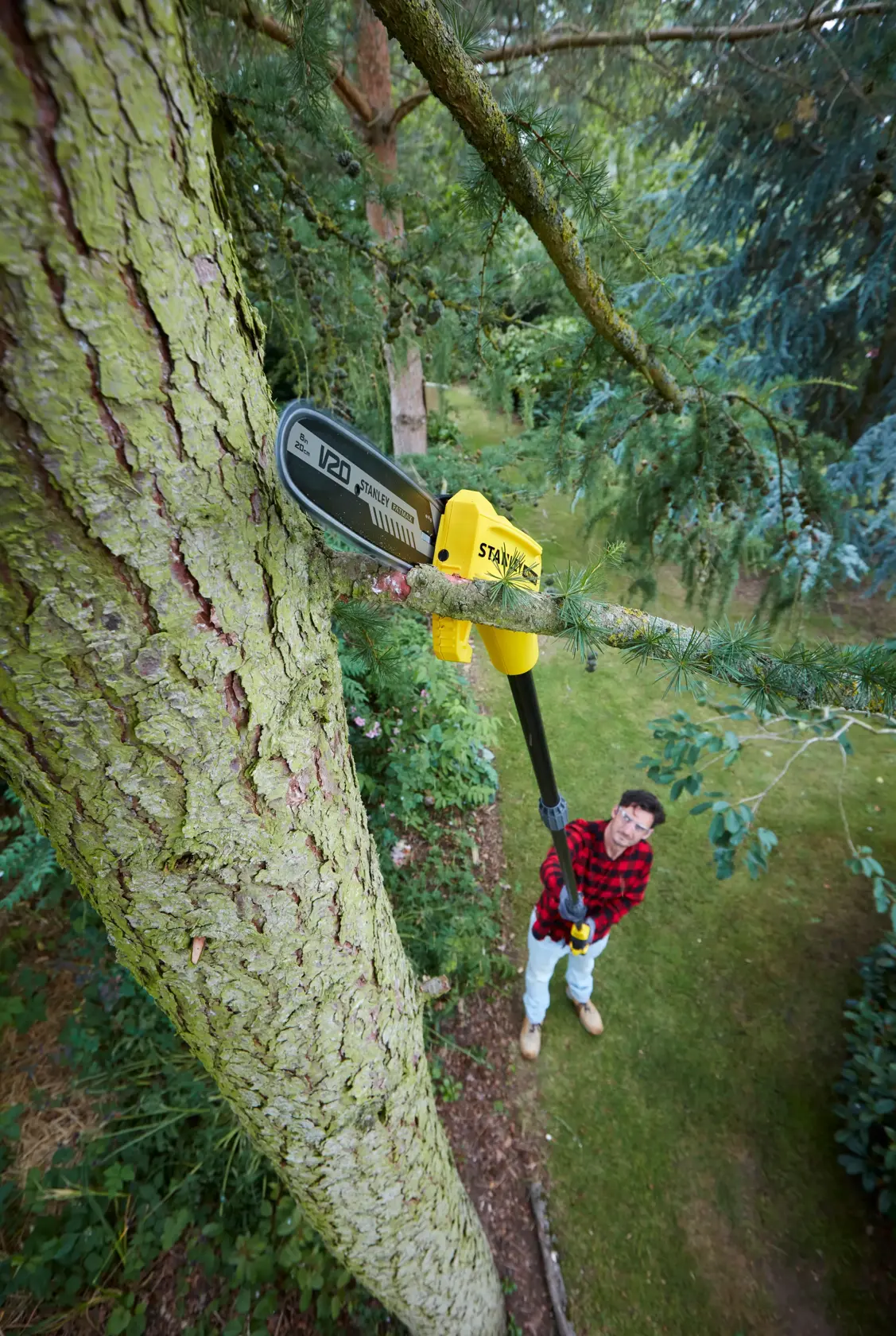 STANLEY SFMCPS620B pole saw cutting high tree branch outdoors, yellow and black tool in use.