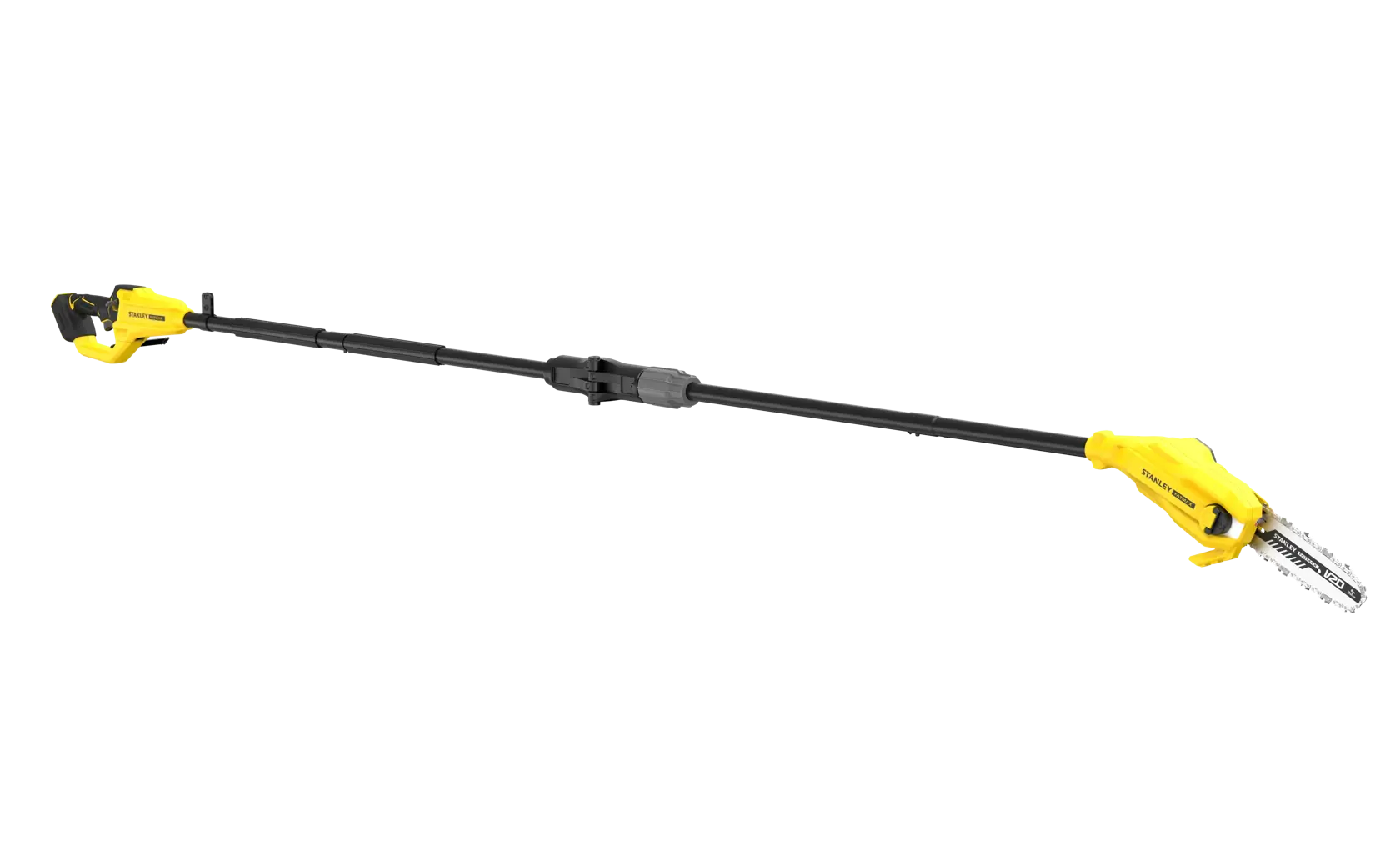 STANLEY SFMCPS720B-XJ yellow and black pole saw, side angle, photography, white background.