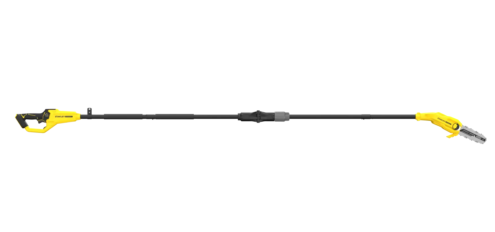 STANLEY SFMCPS720B-XJ yellow cordless pole saw, side view, showing long black pole and saw head.