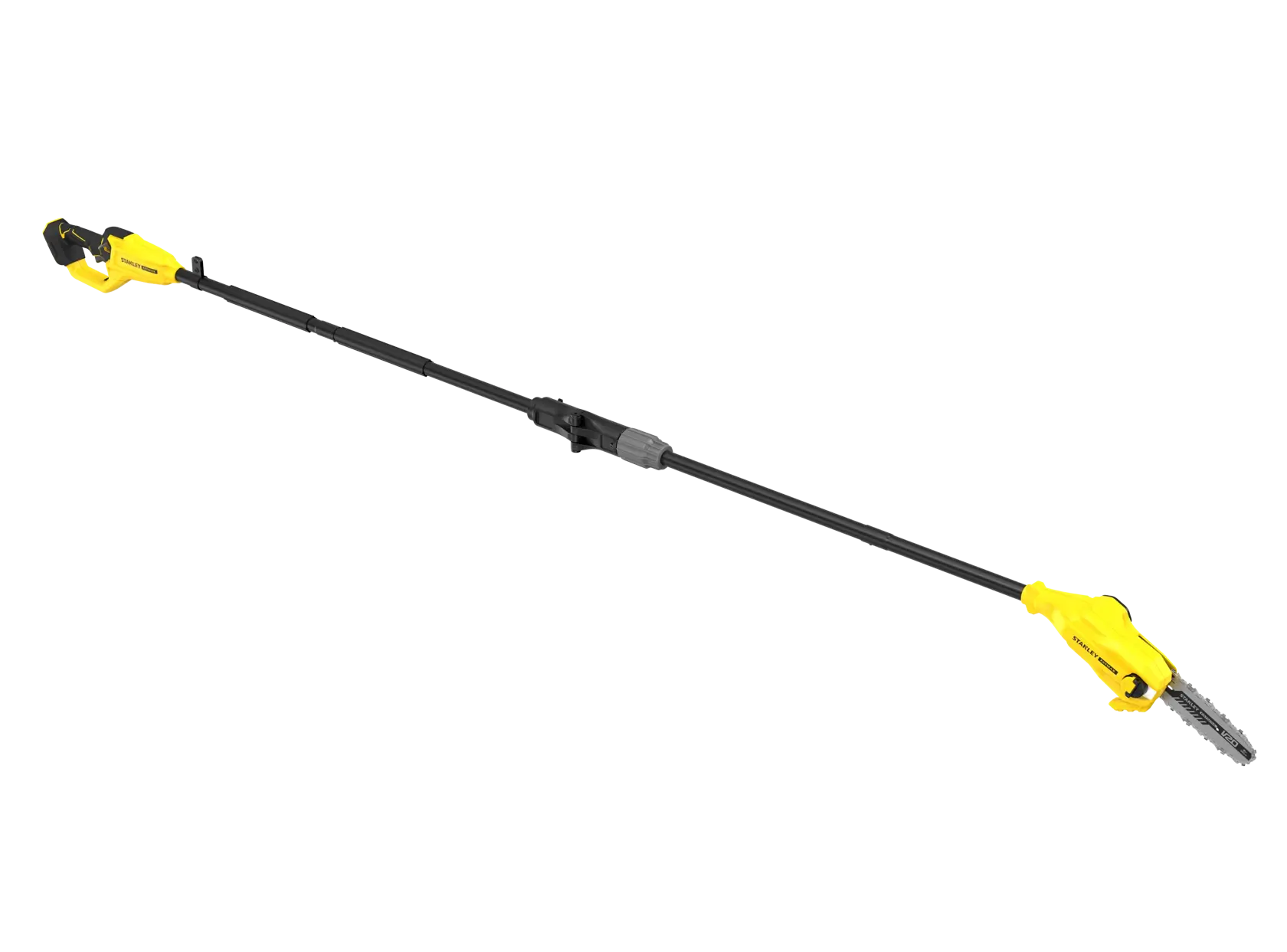 STANLEY SFMCPS720B-XJ yellow and black pole saw, side angle, photography, white background.