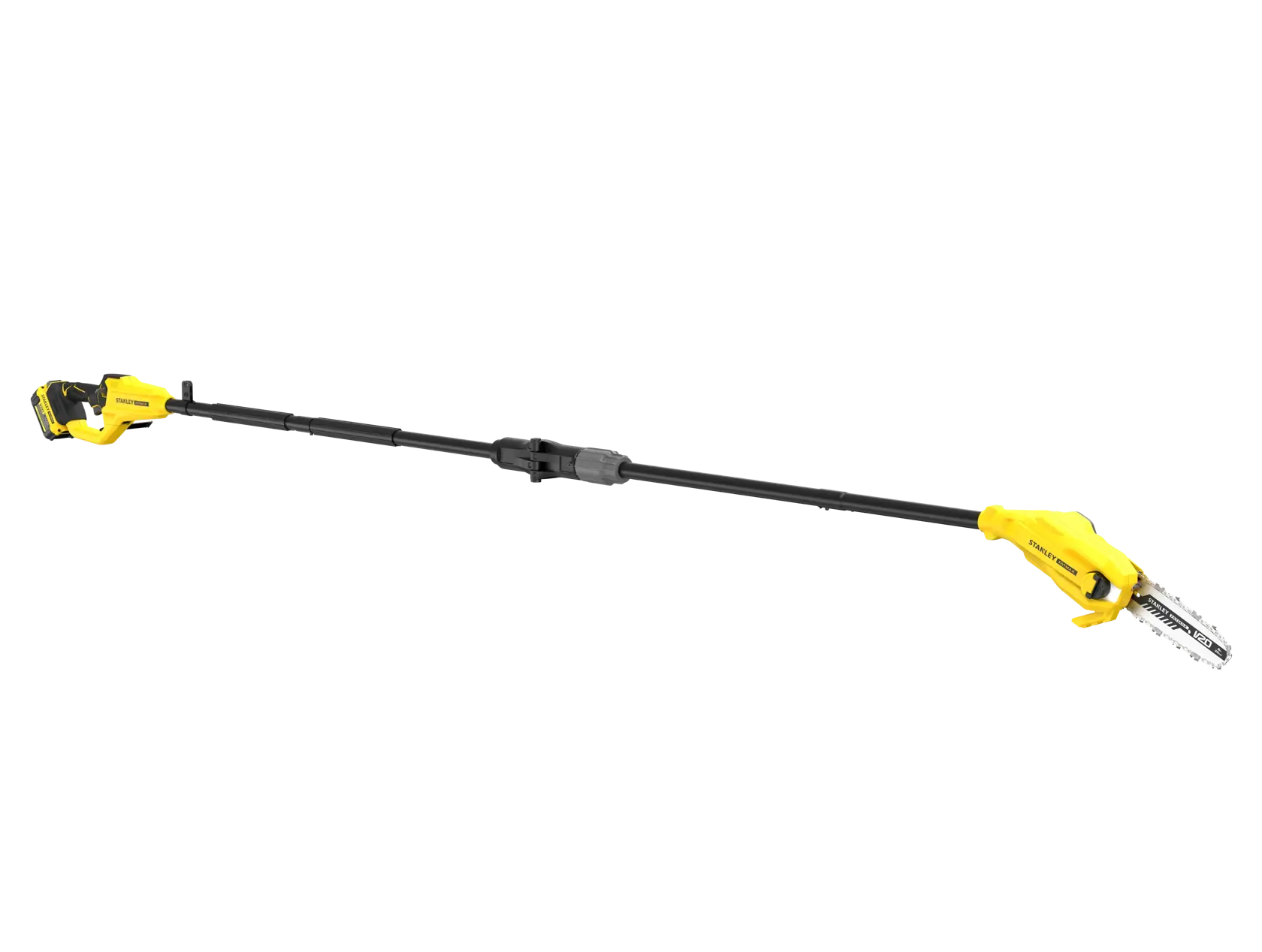 Photo of STANLEY SFMCPS720M1 cordless pole saw, yellow and black, side angle, on white background.