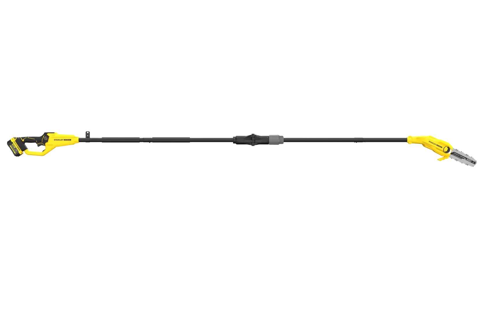 STANLEY SFMCPS720M1 pole saw, yellow and black, side view on white background.