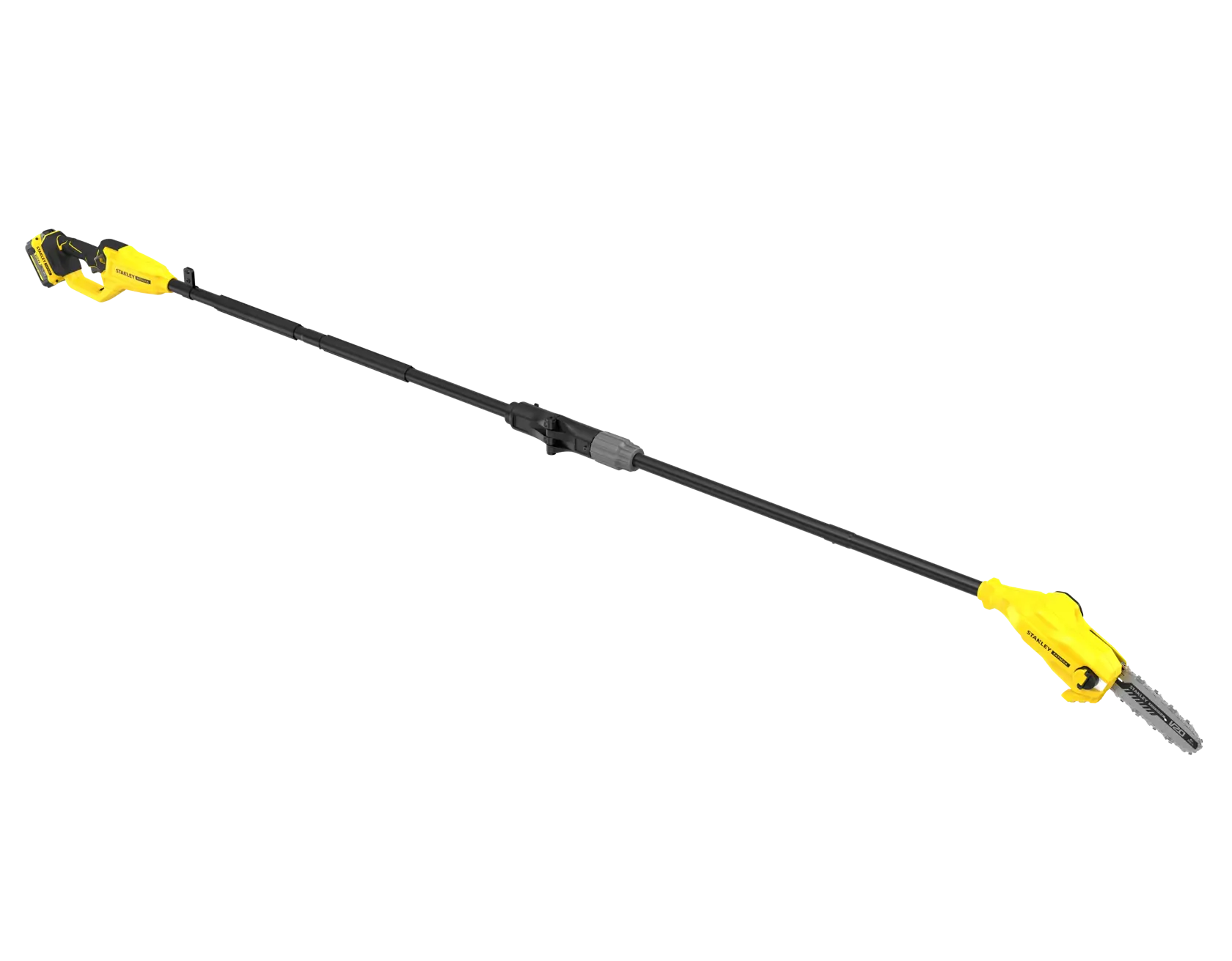 STANLEY SFMCPS720M1 cordless pole saw, yellow and black, side angle on white background.