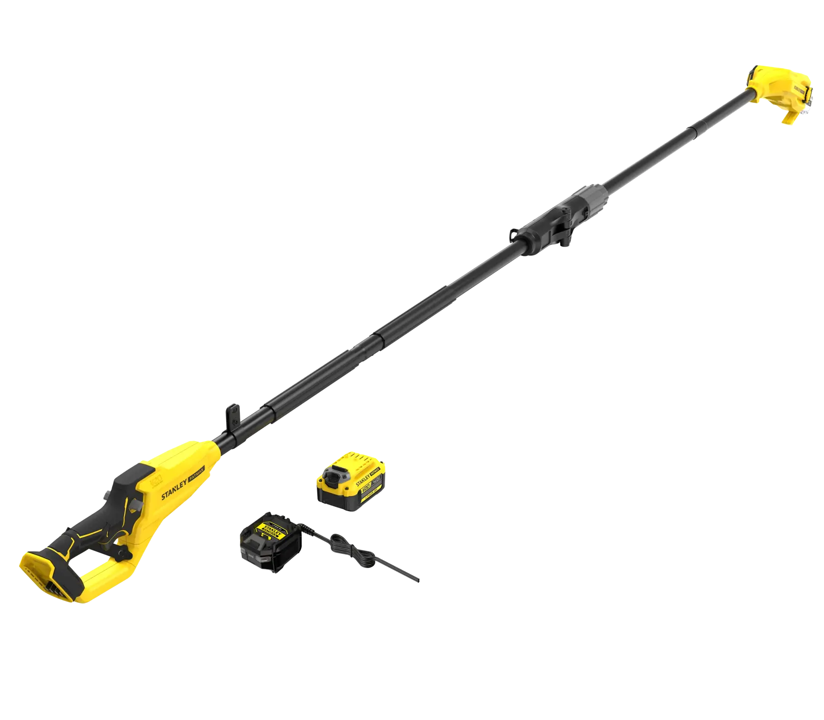 STANLEY SFMCPS720M1 cordless pole saw with yellow and black body, battery, and charger, front angle.
