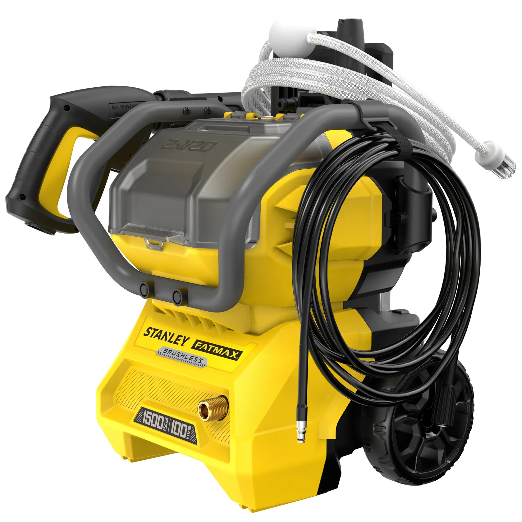 STANLEY SFMCPW1500B portable yellow pressure washer, brushless, front angle with coiled hose and handle.