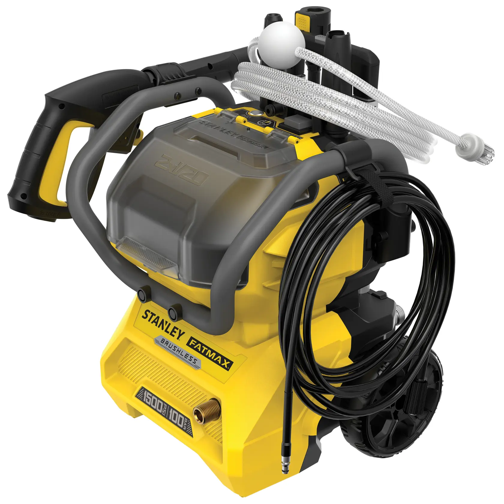 STANLEY SFMCPW1500B pressure washer in yellow and black, side angle, with hose, gun, and wheels.