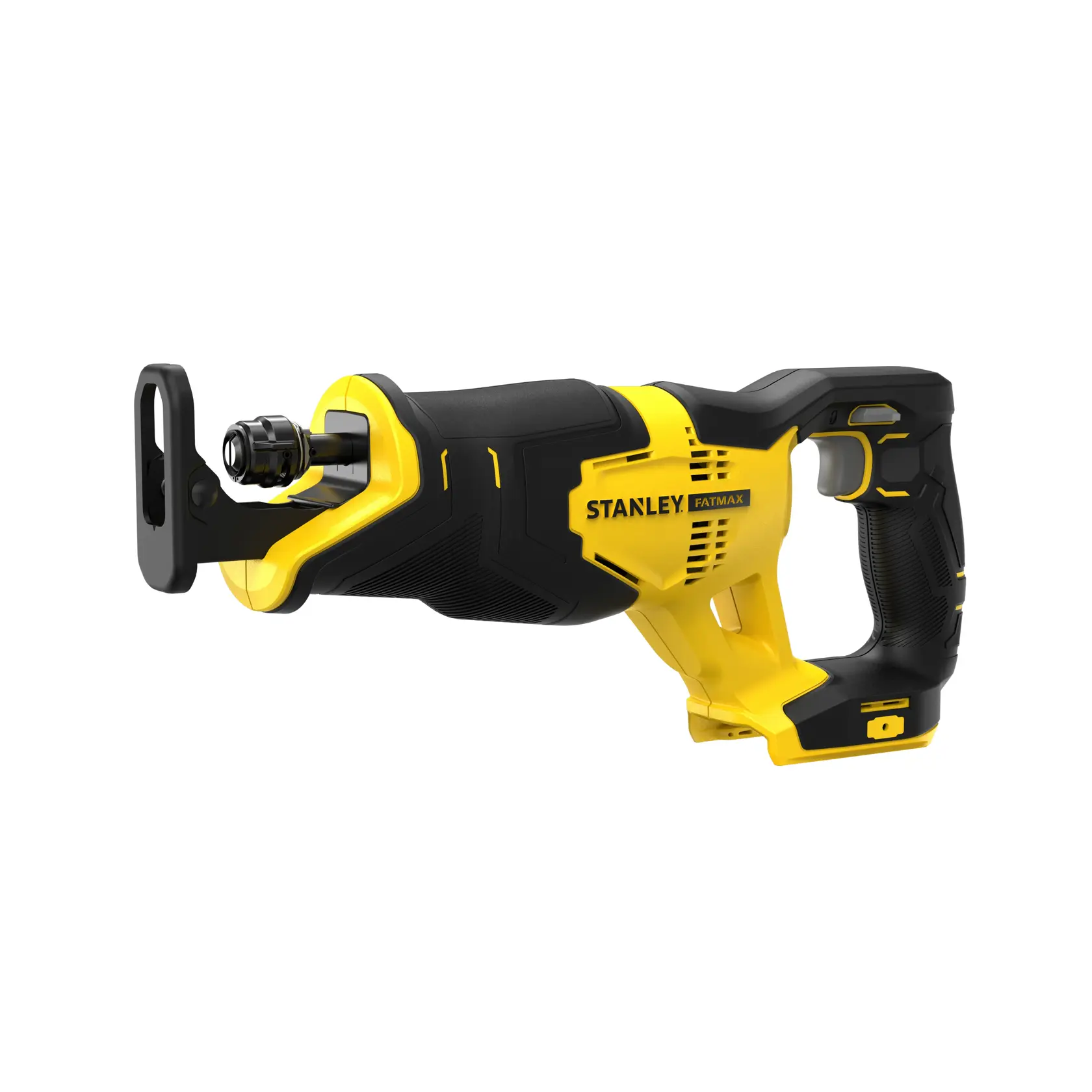 Photo of STANLEY SFMCS300B reciprocating saw in yellow and black, right side angle, cordless power tool.