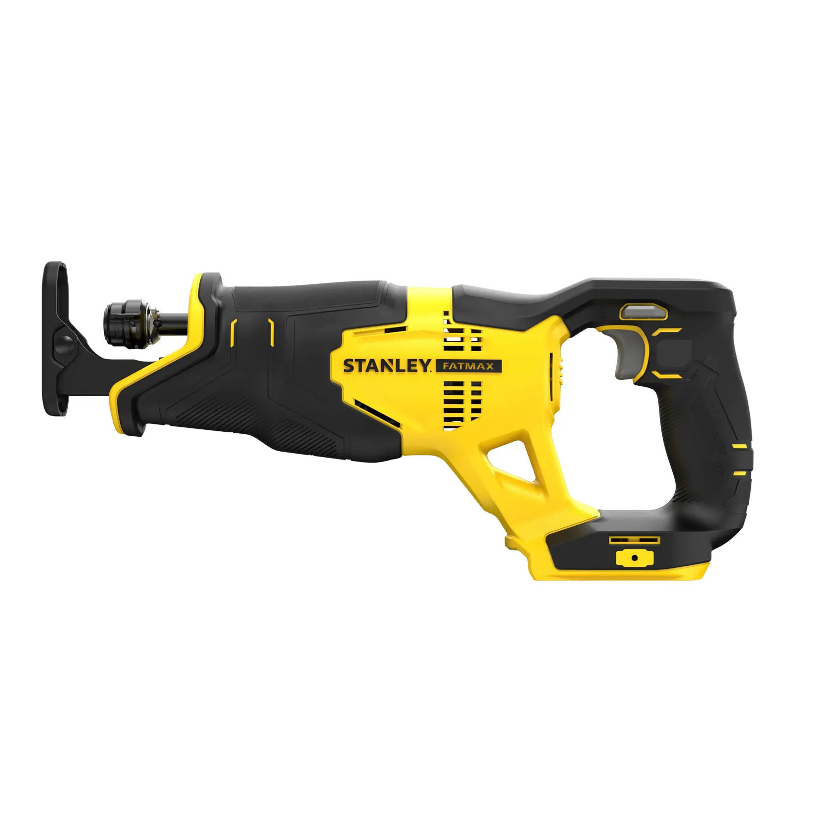 Photo of STANLEY SFMCS300B reciprocating saw, yellow and black, side view, cordless power tool.