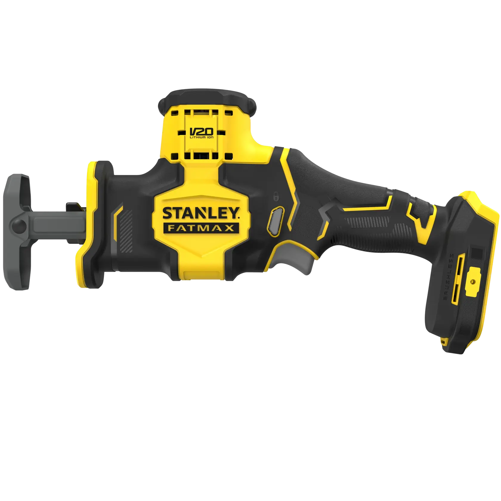 STANLEY SFMCS305B reciprocating saw side view, yellow and black, FATMAX V20 cordless design.