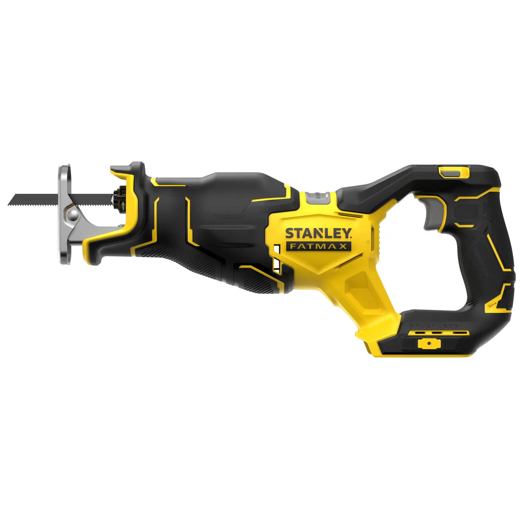 STANLEY SFMCS310B reciprocating saw in yellow and black, side angle, on white background.