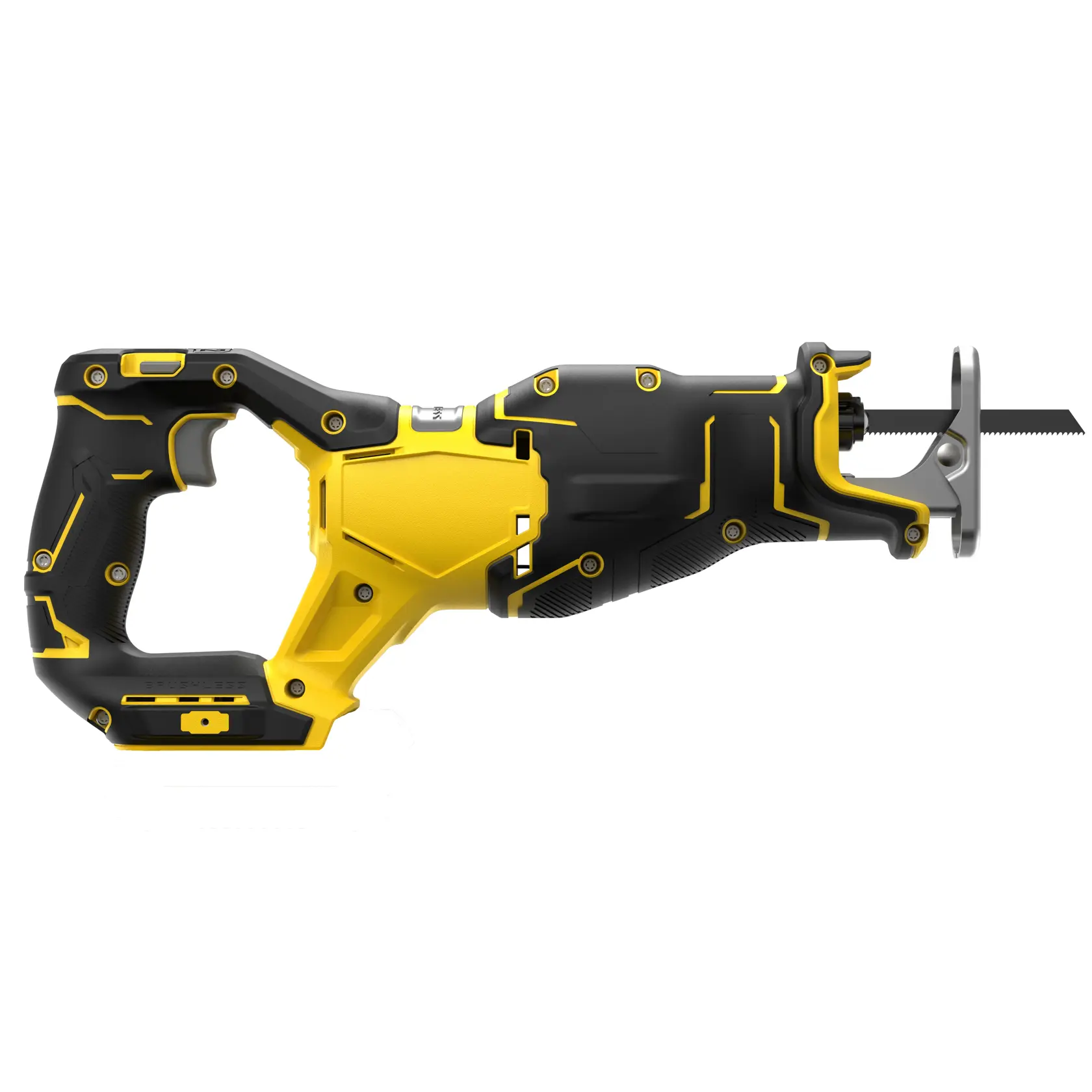 STANLEY SFMCS310B cordless reciprocating saw, black and yellow, left side view on white background.