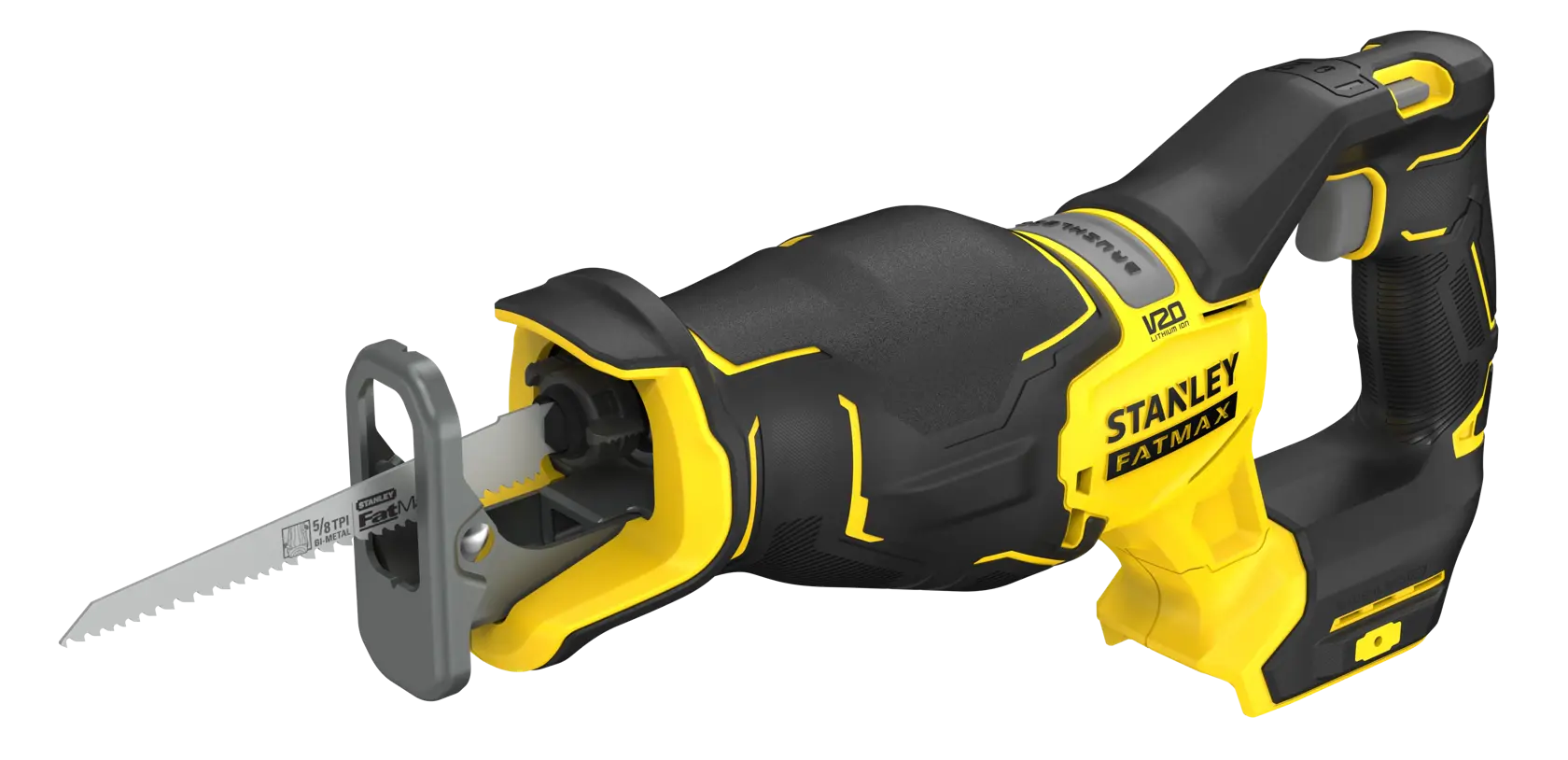 STANLEY SFMCS311B-XJ reciprocating saw, black and yellow, side angle on white background.