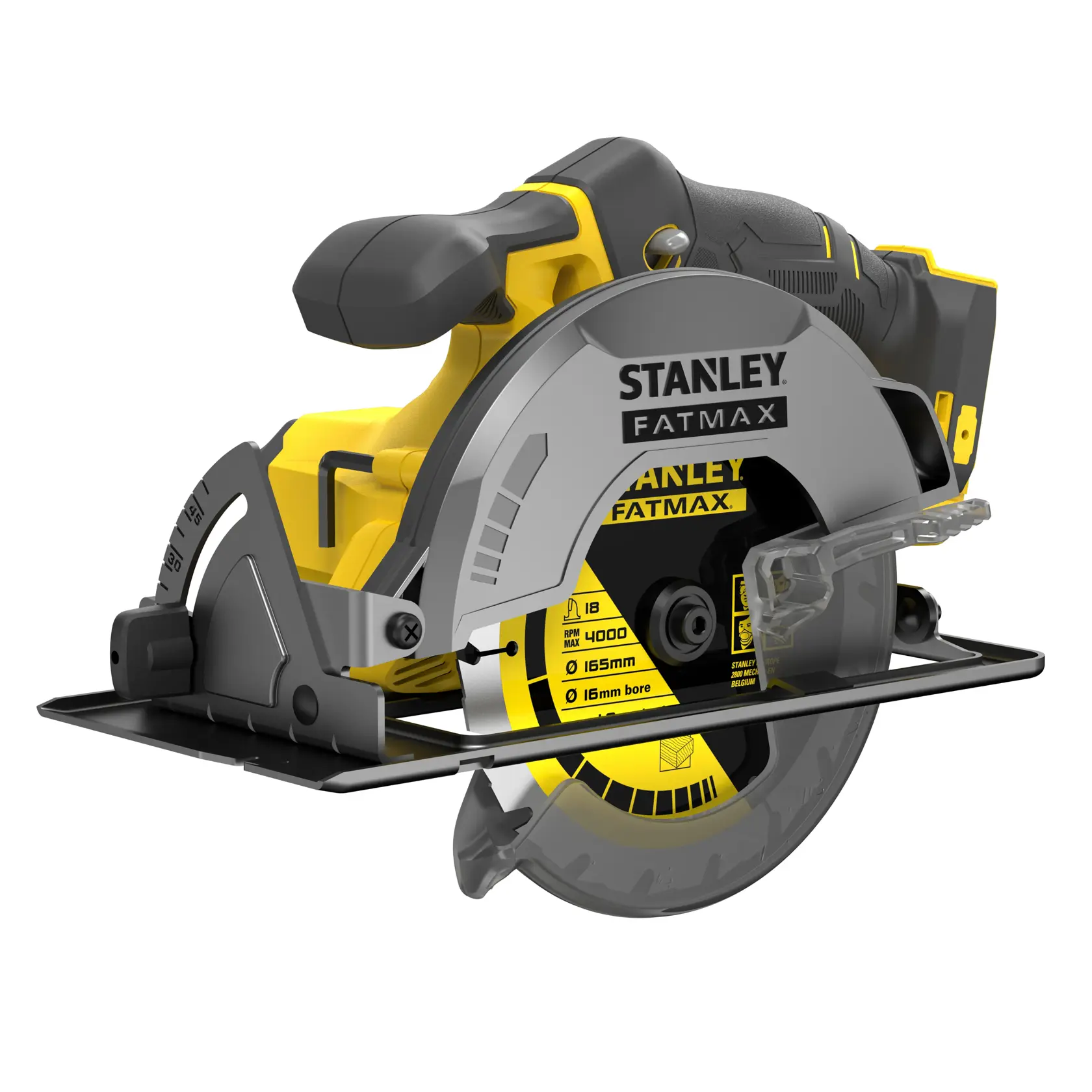 STANLEY SFMCS500B FATMAX cordless circular saw, left-side angle, yellow and black tool with visible blade and grip.