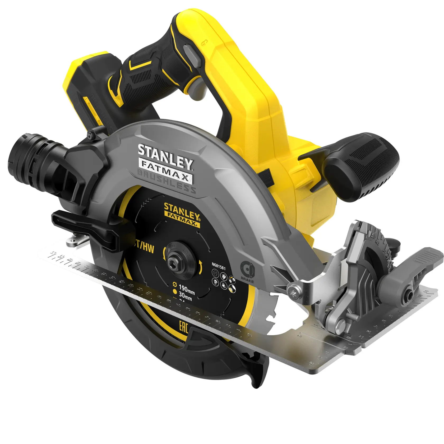 Photo of STANLEY SFMCS550B circular saw, yellow and black, side angle, visible blade and handle.