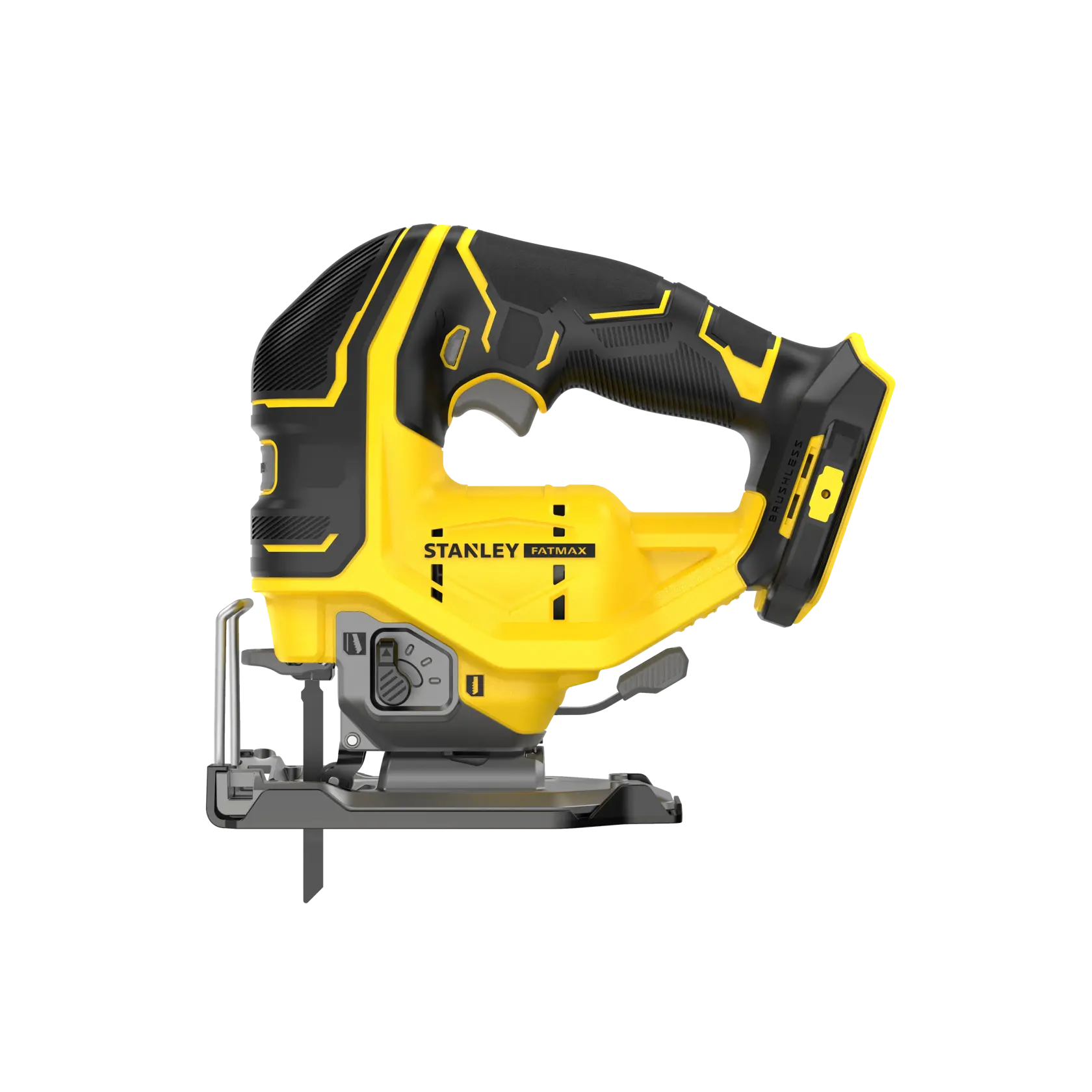 Cordless STANLEY jigsaw tool with yellow and black grip and blade, shown from the side on a white background.