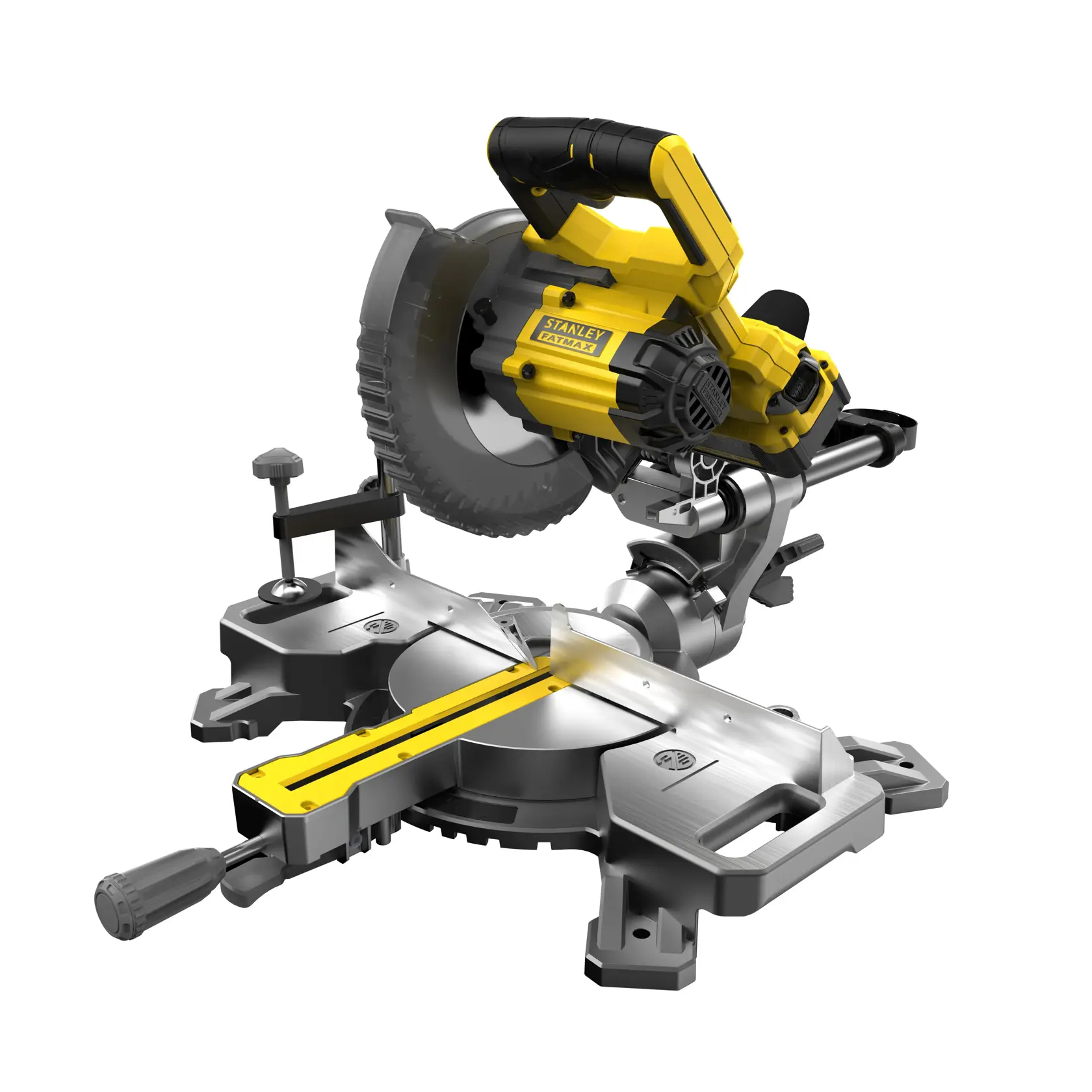STANLEY SFMCS701M2 yellow and black cordless mitre saw with V20 battery, front angled view, photography.