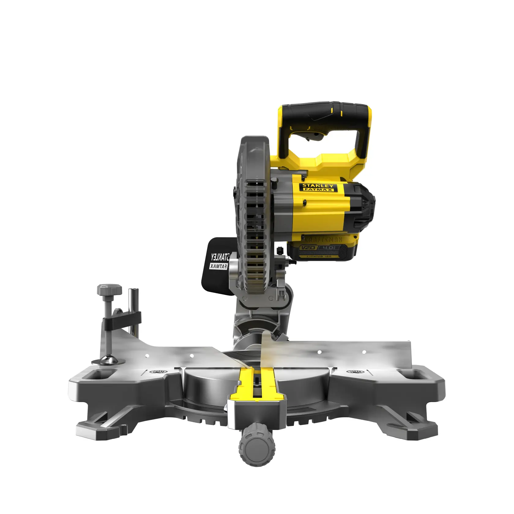 STANLEY SFMCS701M2 miter saw, yellow and black, product angle on white background.