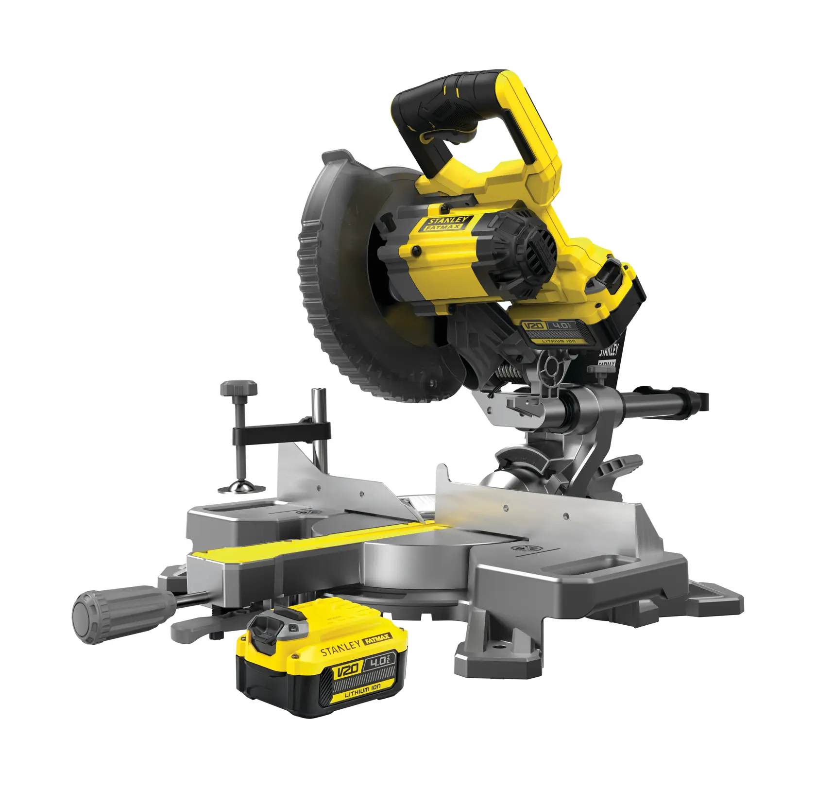 STANLEY SFMCS701M2 yellow and black cordless mitre saw with V20 battery, front angled view, photography.
