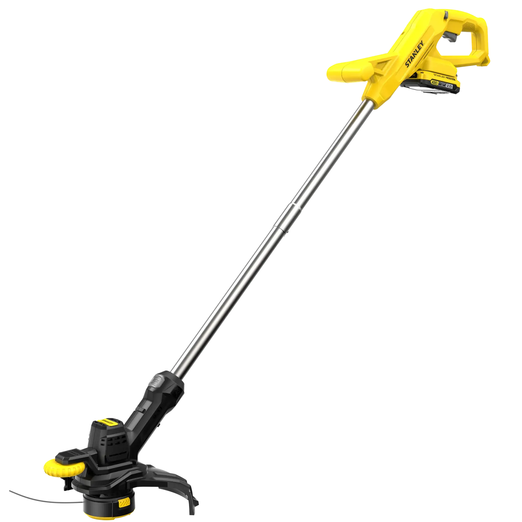 Photo of STANLEY SFMCST925M1 yellow cordless grass trimmer, side angle on white background.