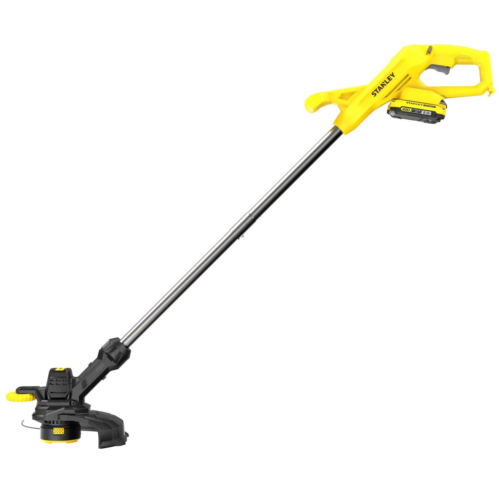 STANLEY SFMCST925M1 yellow and black cordless grass trimmer, side view on white background.