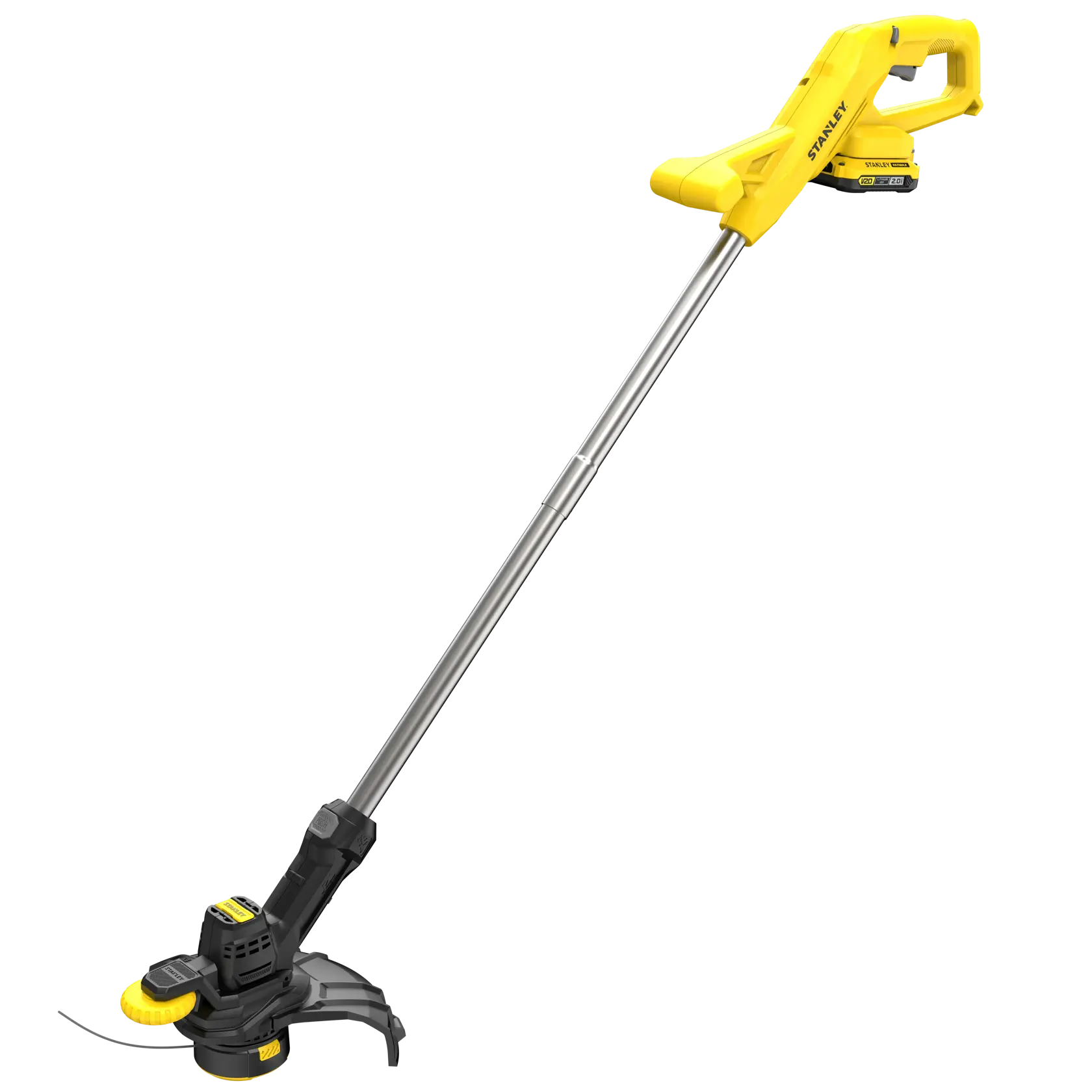 STANLEY SFMCST925M1 yellow cordless grass trimmer side angle on white background.