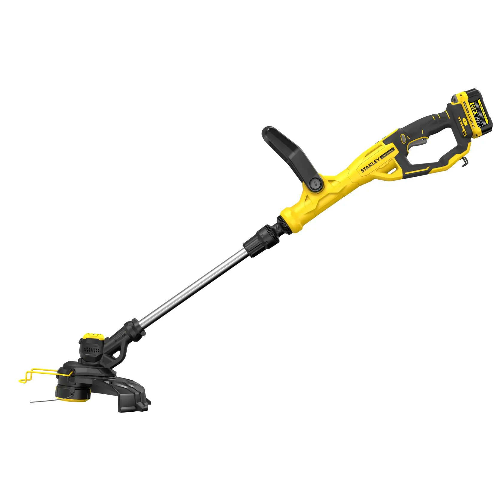 STANLEY SFMCST933M1 yellow and black cordless grass trimmer, side view, with battery attached.
