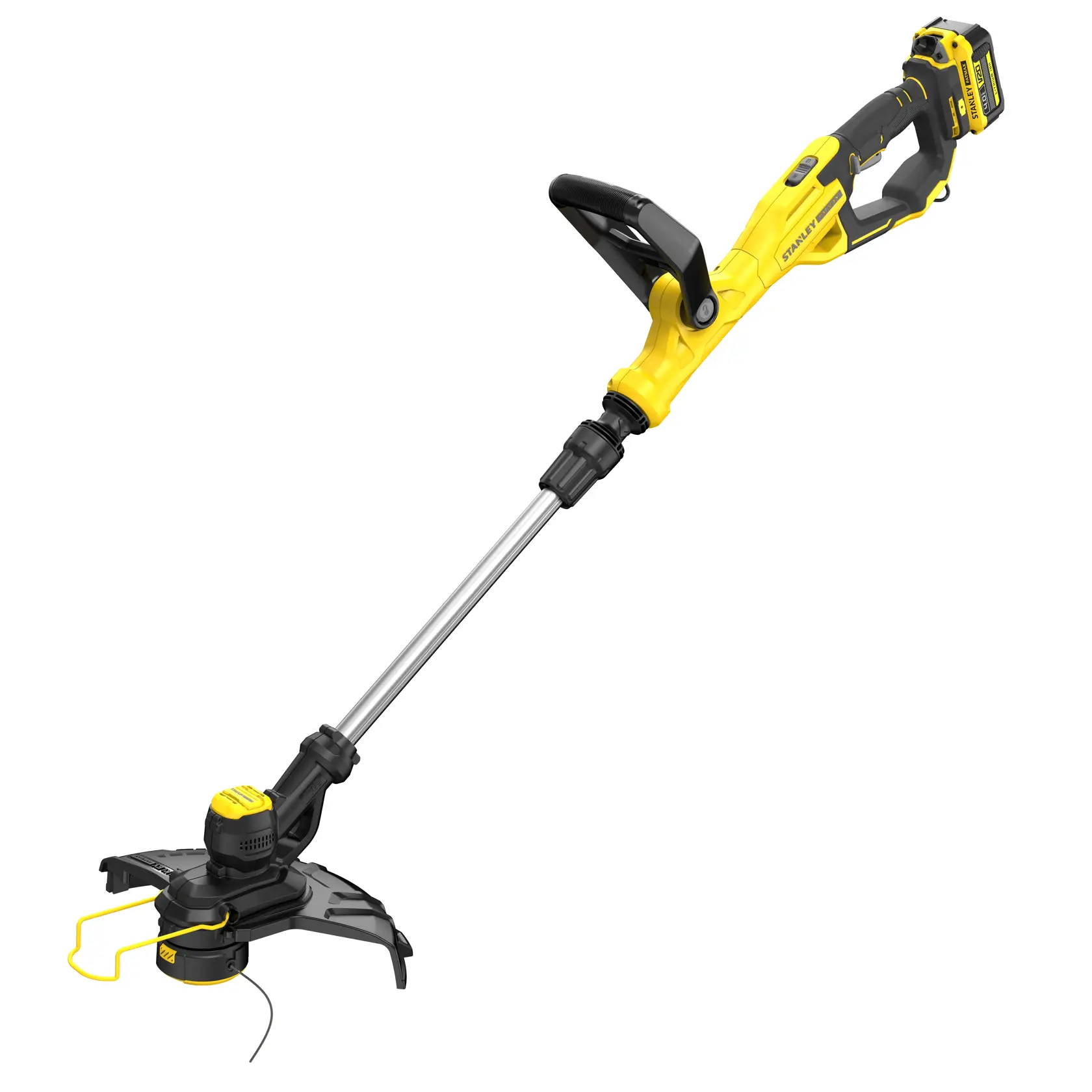 STANLEY SFMCST933M1 yellow and black cordless grass trimmer, side angle on white background.