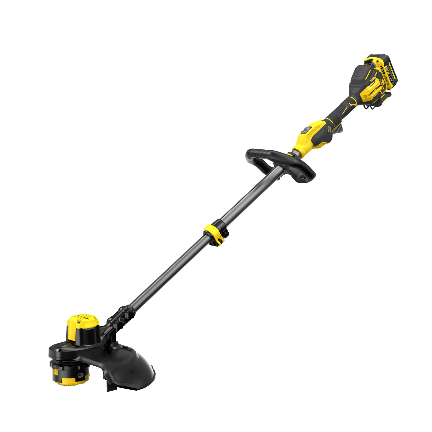 STANLEY SFMCSTB933M cordless string trimmer, yellow and black, side angle on white background.
